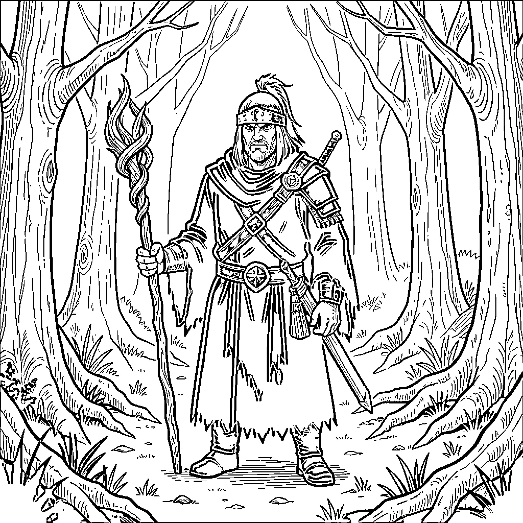 Arch Illager stands armed and ready in the forest Coloring Page (free black-and-white line drawing printable PDF for all, from beginners to advanced learners, including children, teens, adults, and seniors)