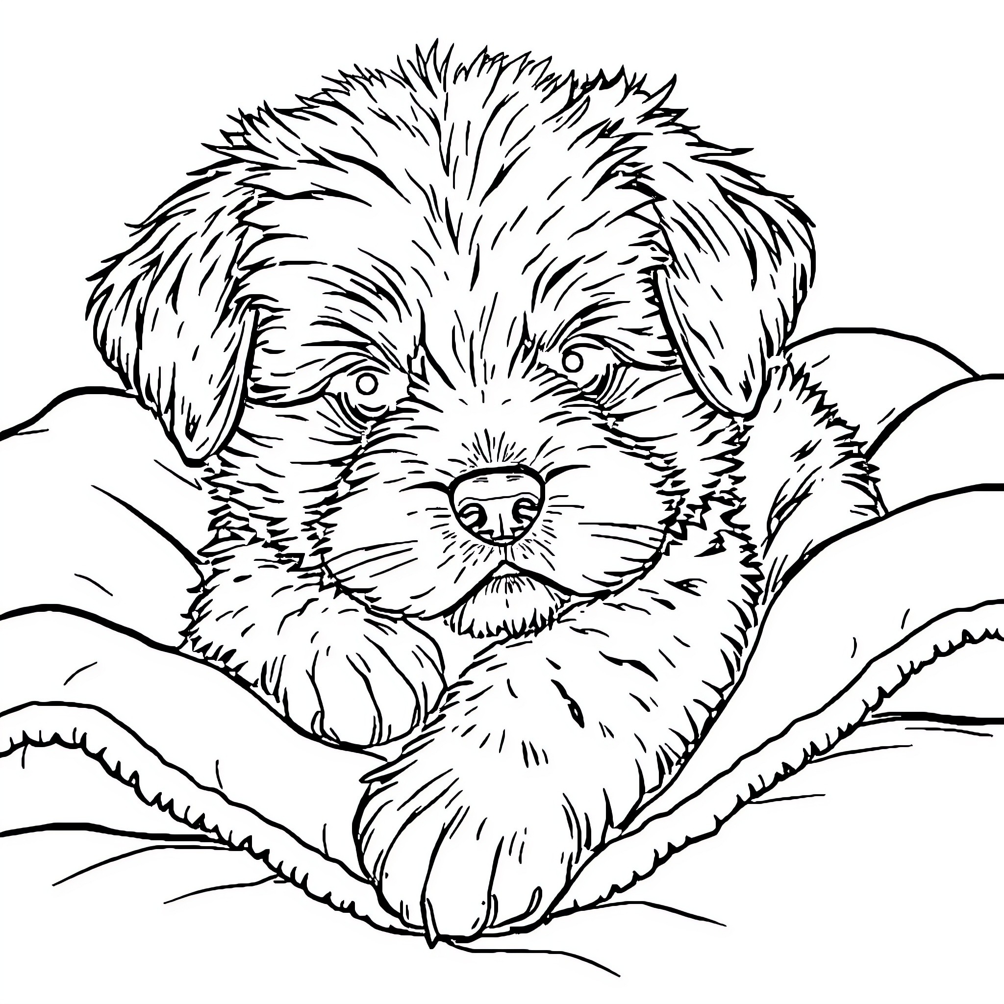 Puppy snuggling in cozy surroundings Coloring Page (free black-and-white line drawing printable PDF for all, from beginners to advanced learners, including children, teens, adults, and seniors)