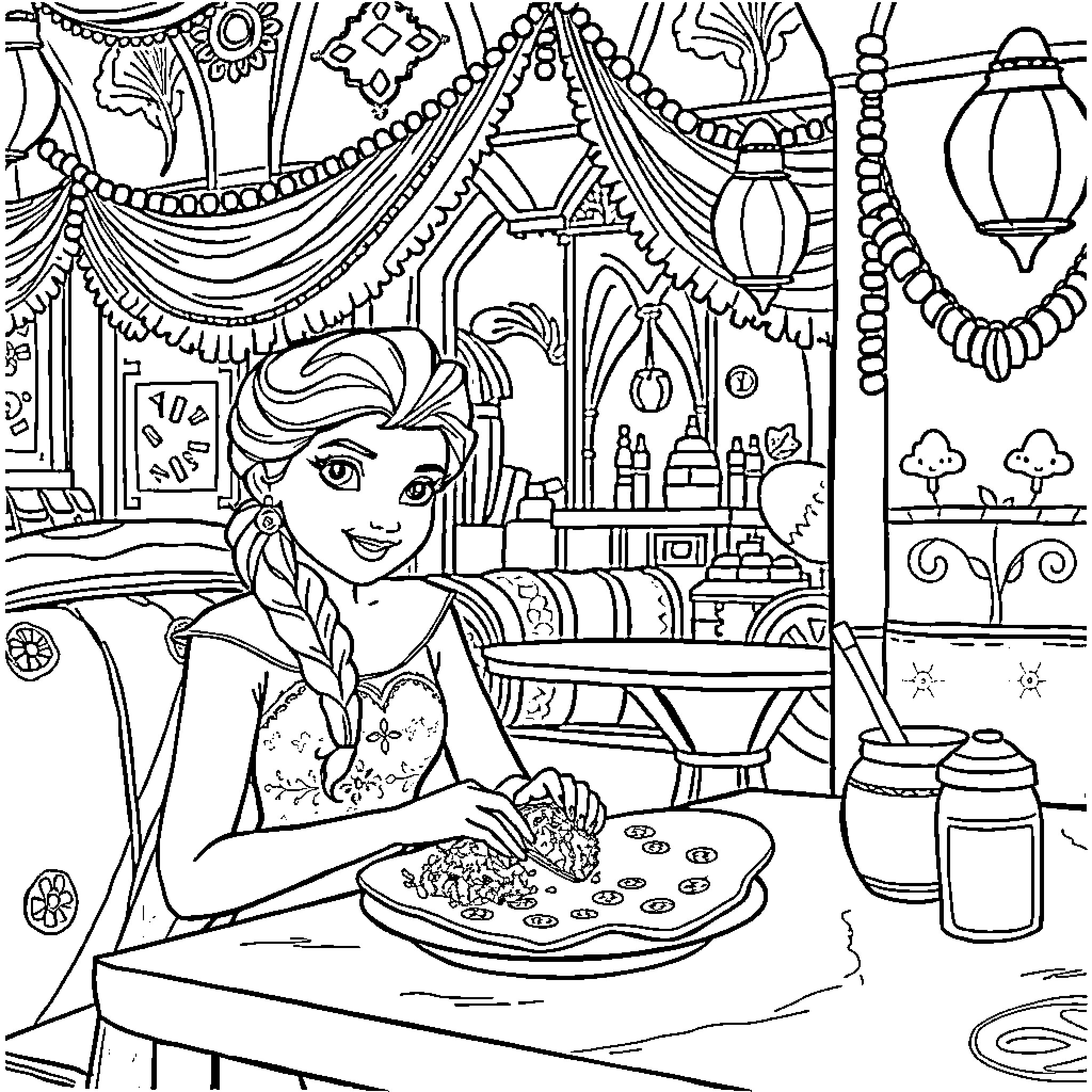 Elsa's Festive Culinary Creations Coloring Page (free black-and-white line drawing printable PDF for all, from beginners to advanced learners, including children, teens, adults, and seniors)