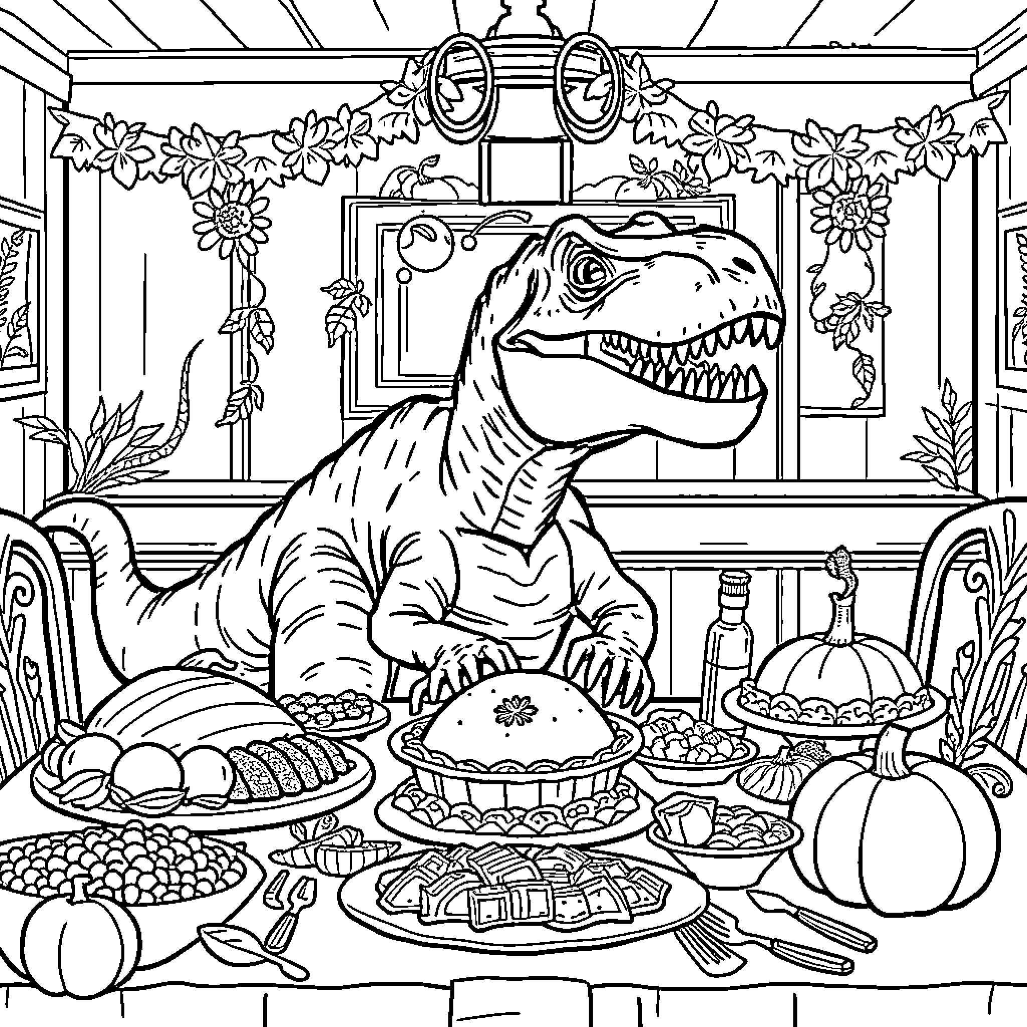 Indominus Rex Enjoying Thanksgiving Feast Coloring Page (free black-and-white line drawing printable PDF for all, from beginners to advanced learners, including children, teens, adults, and seniors)