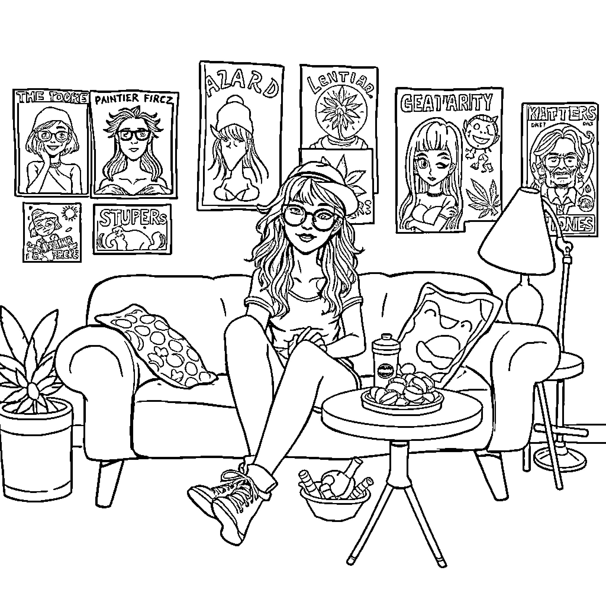 Stoner chilling at home with snacks and artwork Coloring Page (free black-and-white line drawing printable PDF for all, from beginners to advanced learners, including children, teens, adults, and seniors)