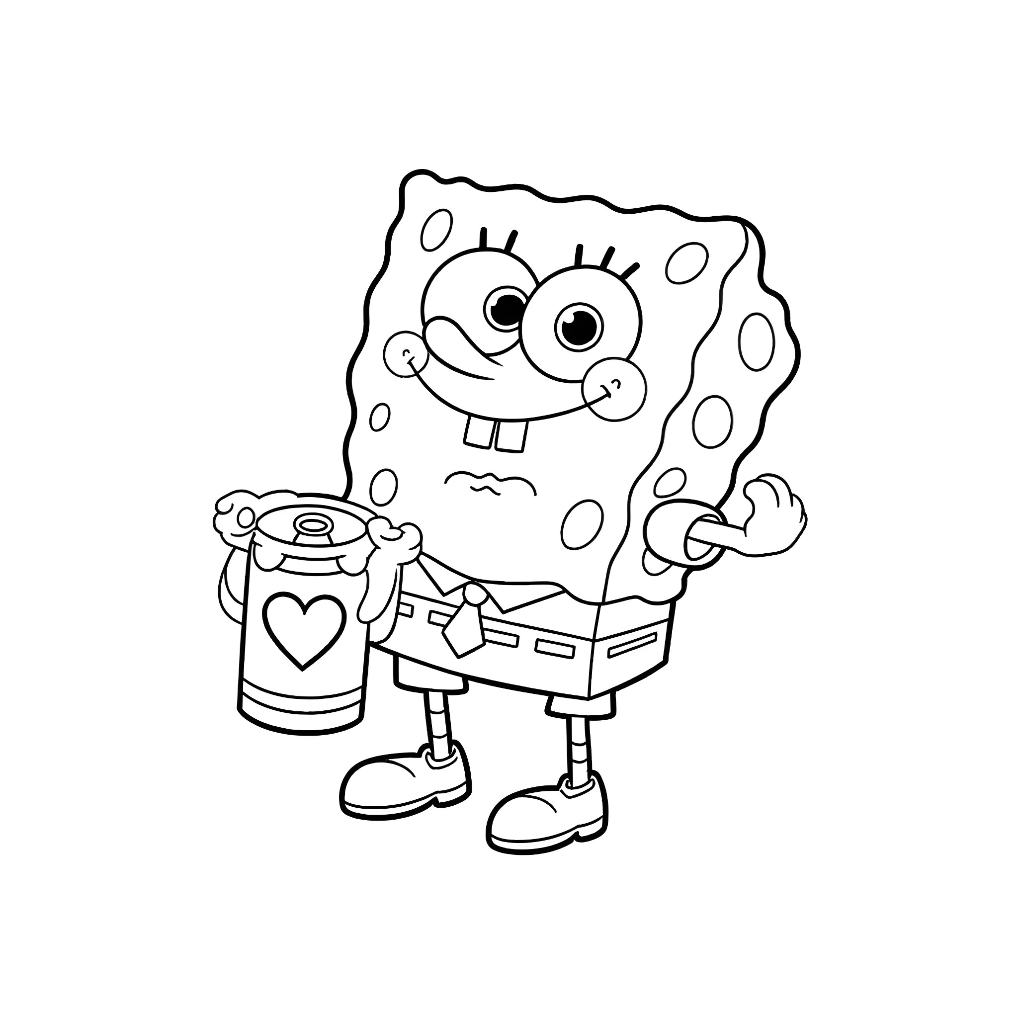 Spongebob holding heart-shaped spray bottle Coloring Page (free black-and-white line drawing printable PDF for all, from beginners to advanced learners, including children, teens, adults, and seniors)