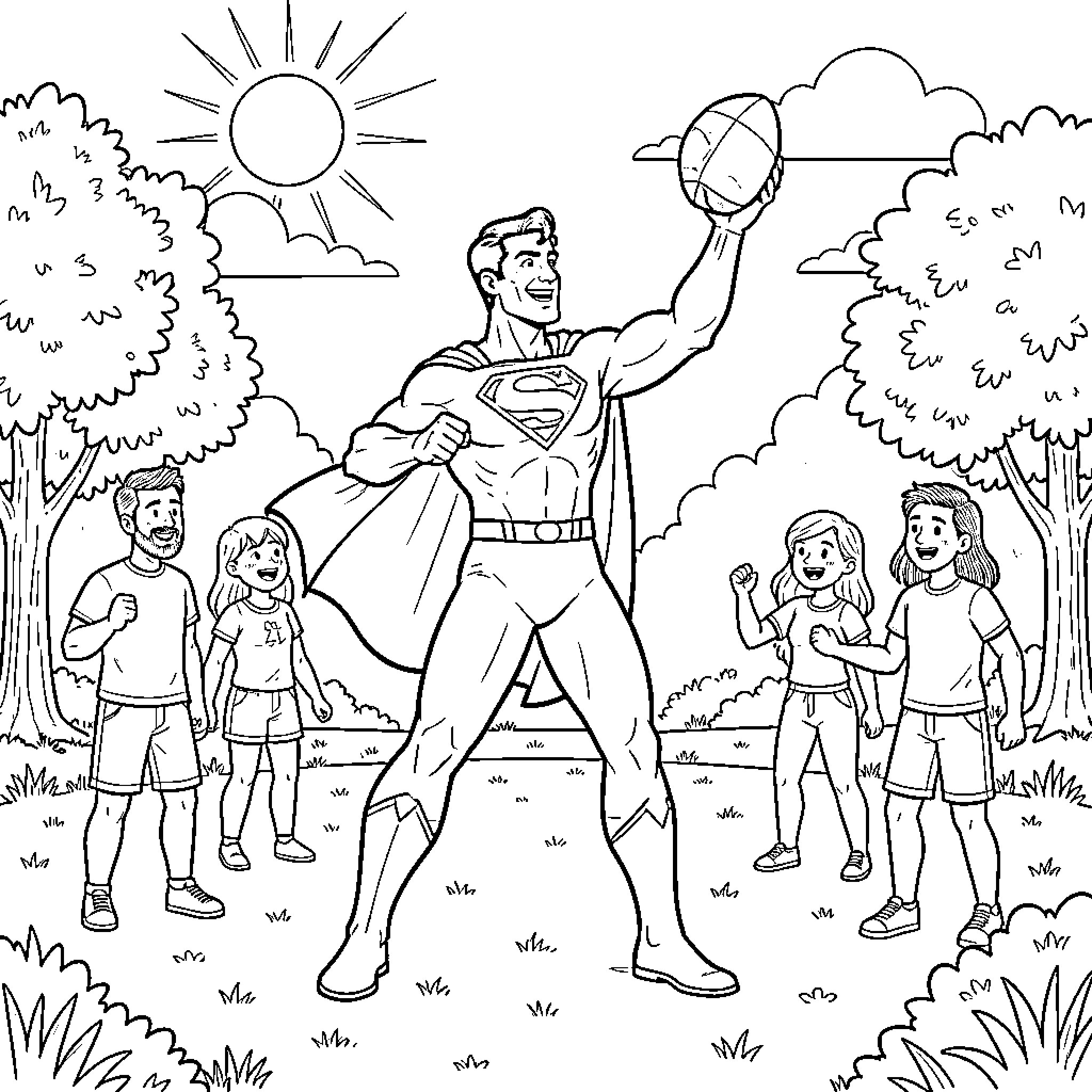 Superman holding a football while celebrating with children Coloring Page (free black-and-white line drawing printable PDF for all, from beginners to advanced learners, including children, teens, adults, and seniors)