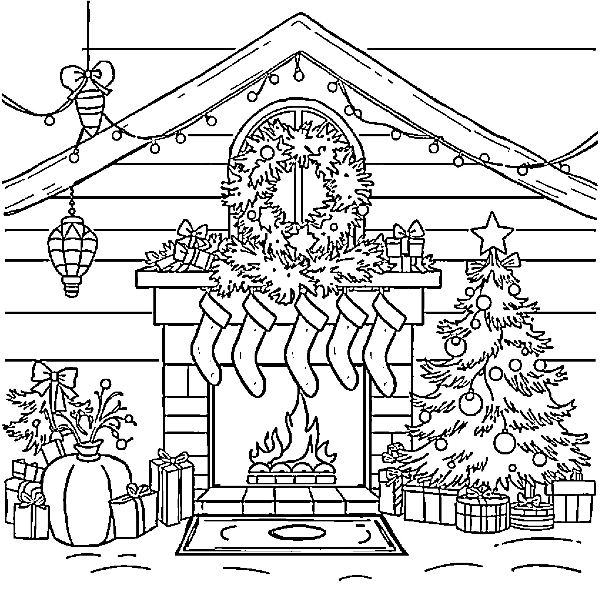 Christmas Home with Fireplace, Tree, and Decorations Coloring Page (free black-and-white line drawing printable PDF for all, from beginners to advanced learners, including children, teens, adults, and seniors)