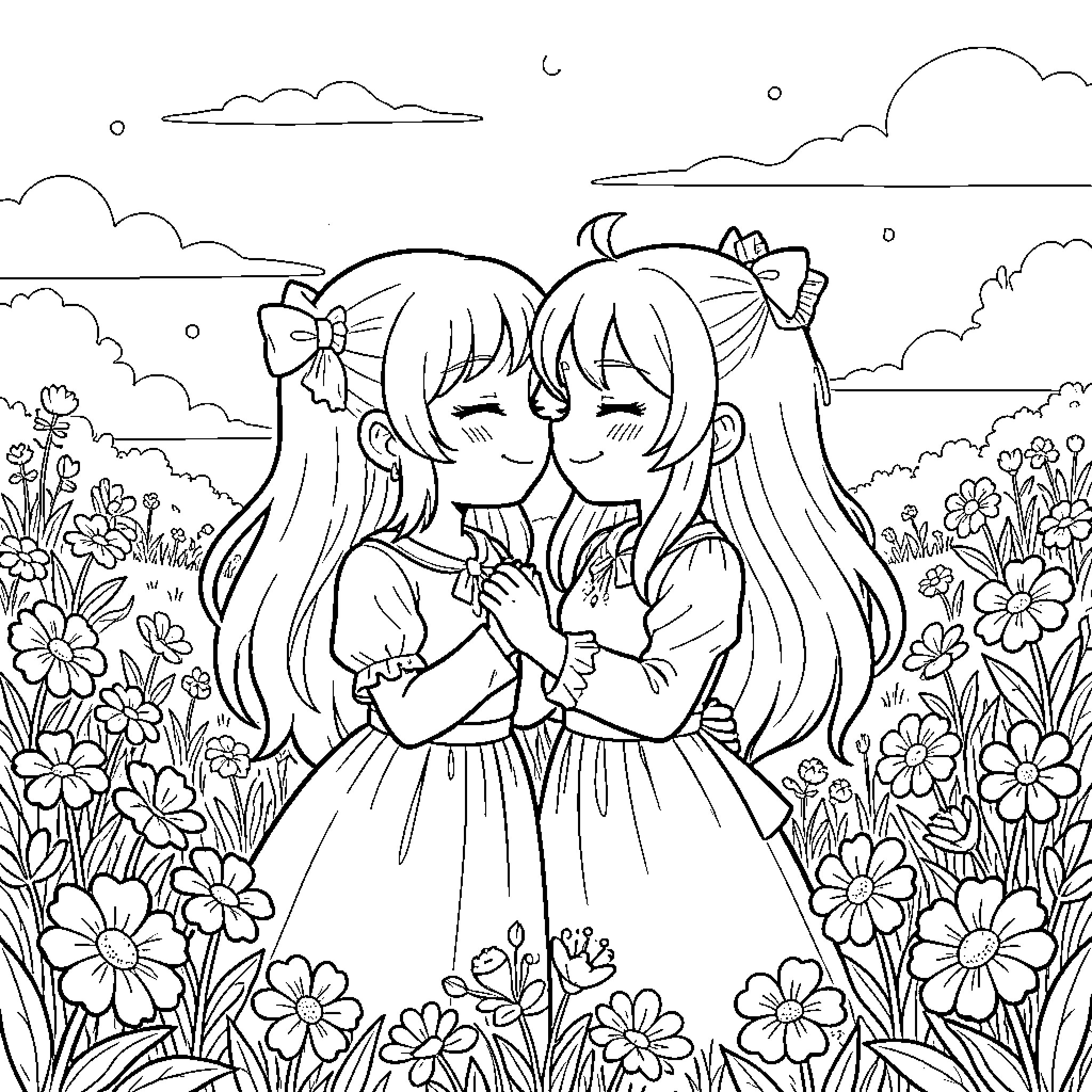 Jinji - Affectionate Friends in Floral Field Coloring Page (free black-and-white line drawing printable PDF for all, from beginners to advanced learners, including children, teens, adults, and seniors)
