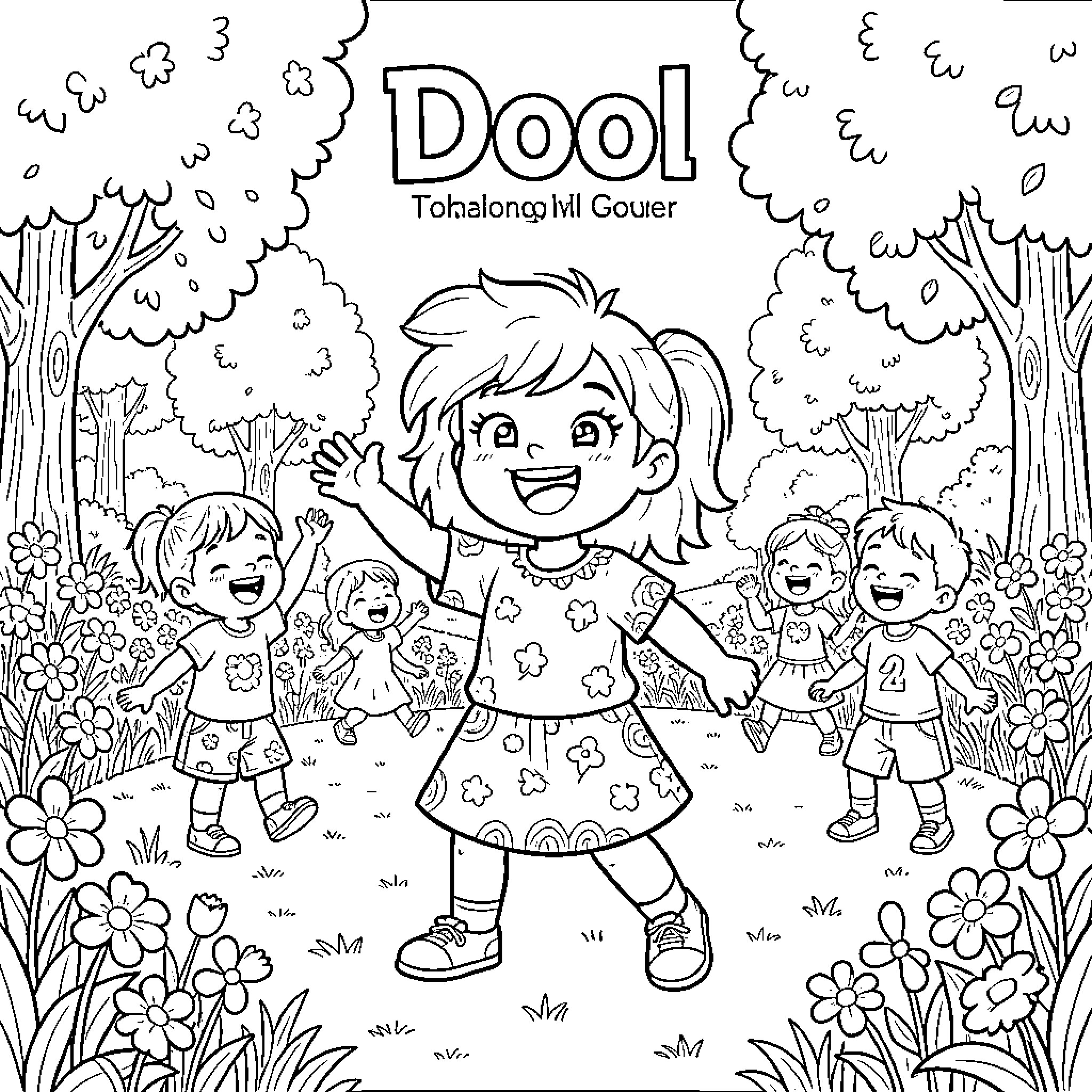 Dool's Playful Adventure in the Enchanting Forest Coloring Page (free black-and-white line drawing printable PDF for all, from beginners to advanced learners, including children, teens, adults, and seniors)