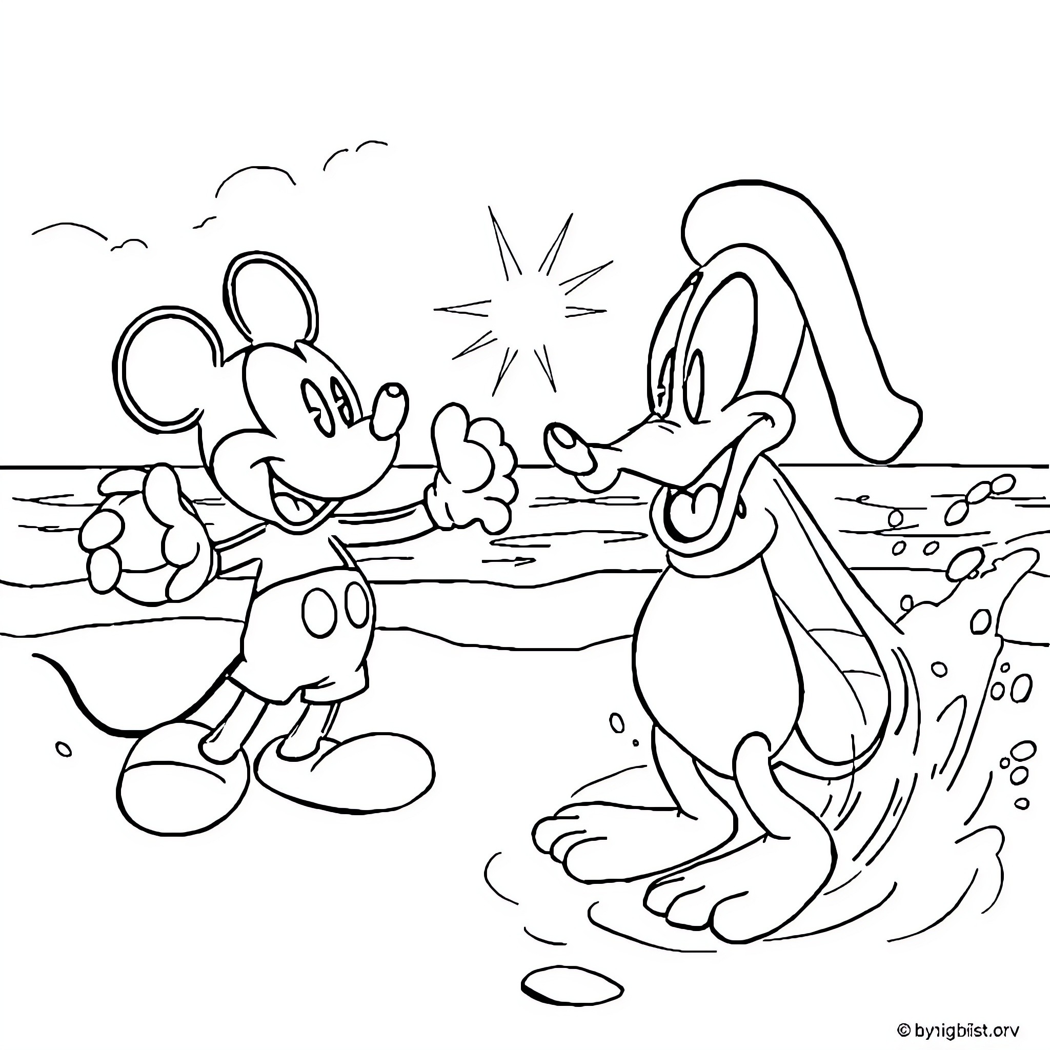 Mickey Mouse and Pluto playing at the beach Coloring Page (free black-and-white line drawing printable PDF for all, from beginners to advanced learners, including children, teens, adults, and seniors)