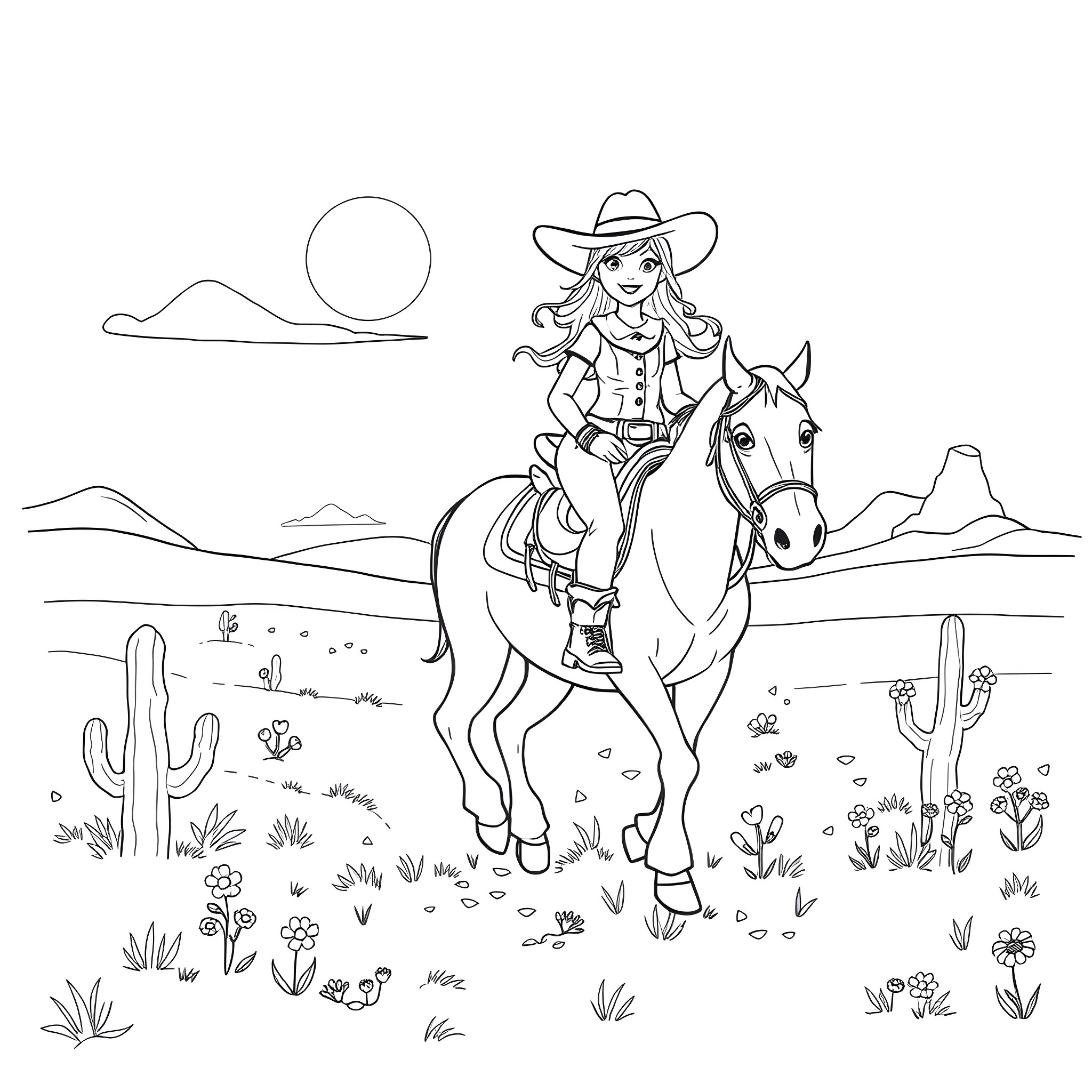 Cowgirl riding horse in the desert landscape Coloring Page (free black-and-white line drawing printable PDF for all, from beginners to advanced learners, including children, teens, adults, and seniors)