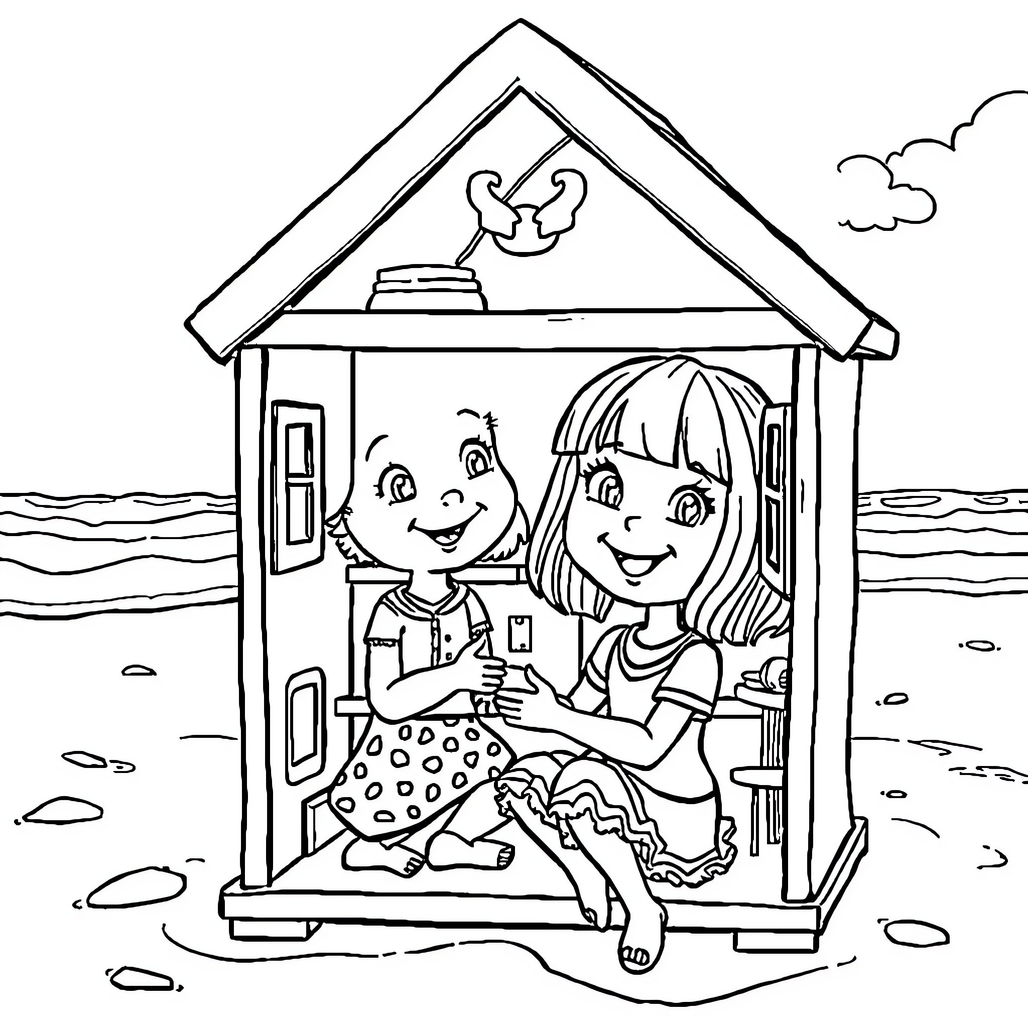 Doll Friends Relaxing in Playhouse by the Beach Coloring Page (free black-and-white line drawing printable PDF for all, from beginners to advanced learners, including children, teens, adults, and seniors)