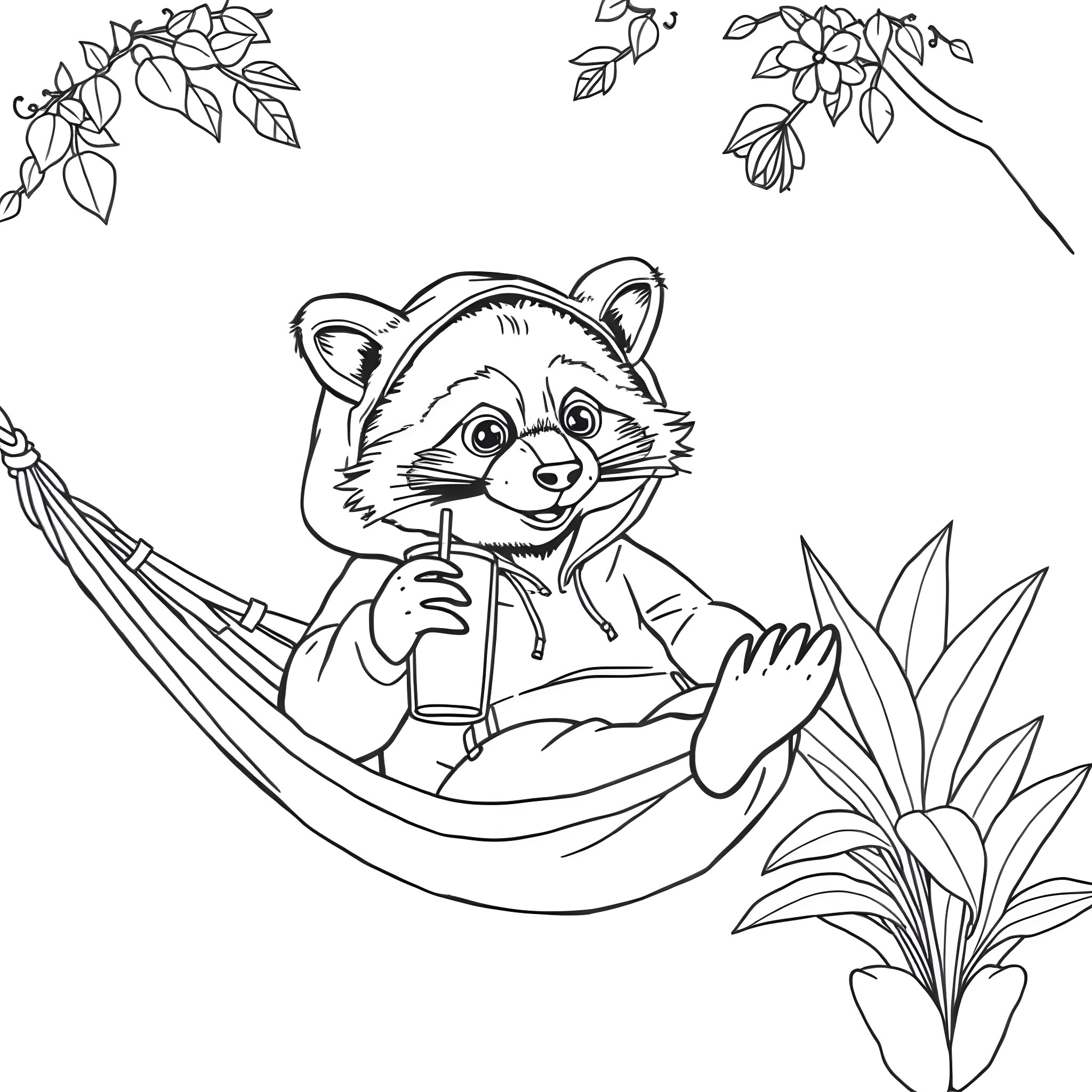 Raccoon relaxing in a hammock surrounded by nature Coloring Page (free black-and-white line drawing printable PDF for all, from beginners to advanced learners, including children, teens, adults, and seniors)