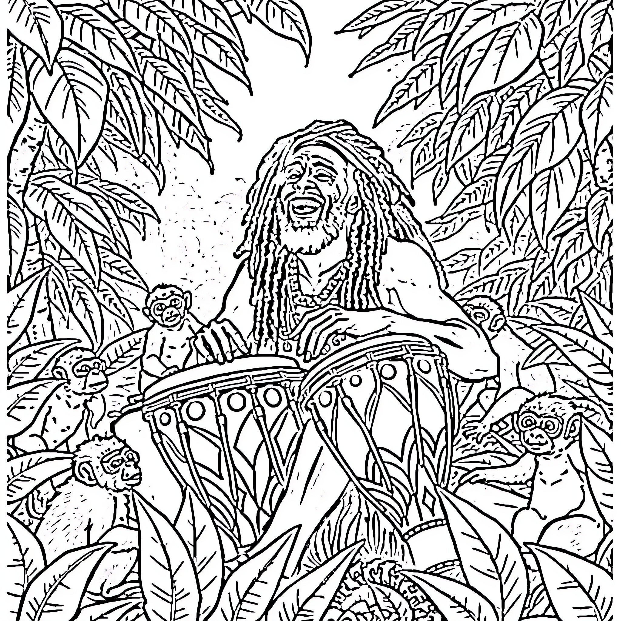 Rastaman Performing with Drums in Lush Jungle Surroundings Coloring Page (free black-and-white line drawing printable PDF for all, from beginners to advanced learners, including children, teens, adults, and seniors)