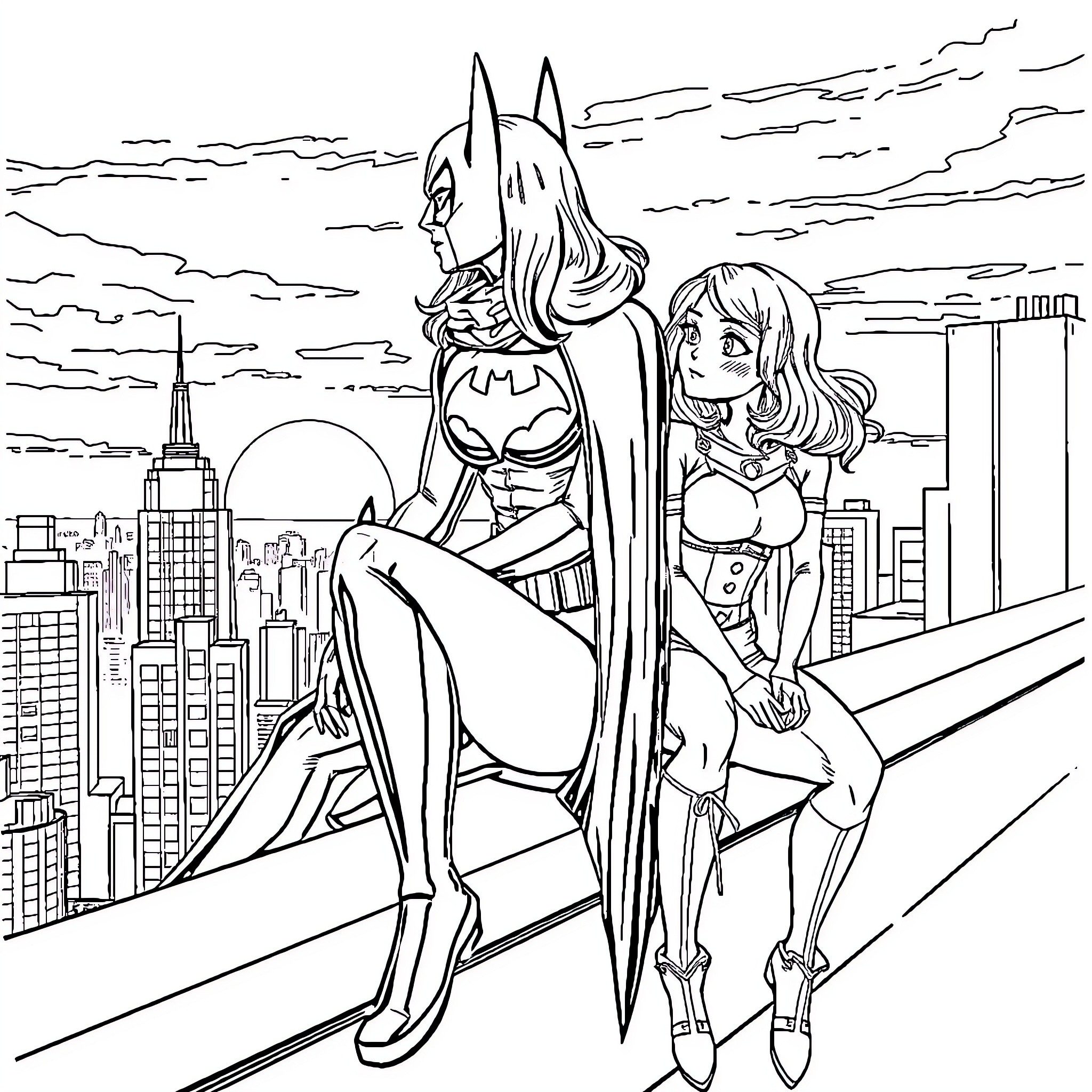 Cassandra Cain and Batgirl overlooking the city Coloring Page (free black-and-white line drawing printable PDF for all, from beginners to advanced learners, including children, teens, adults, and seniors)