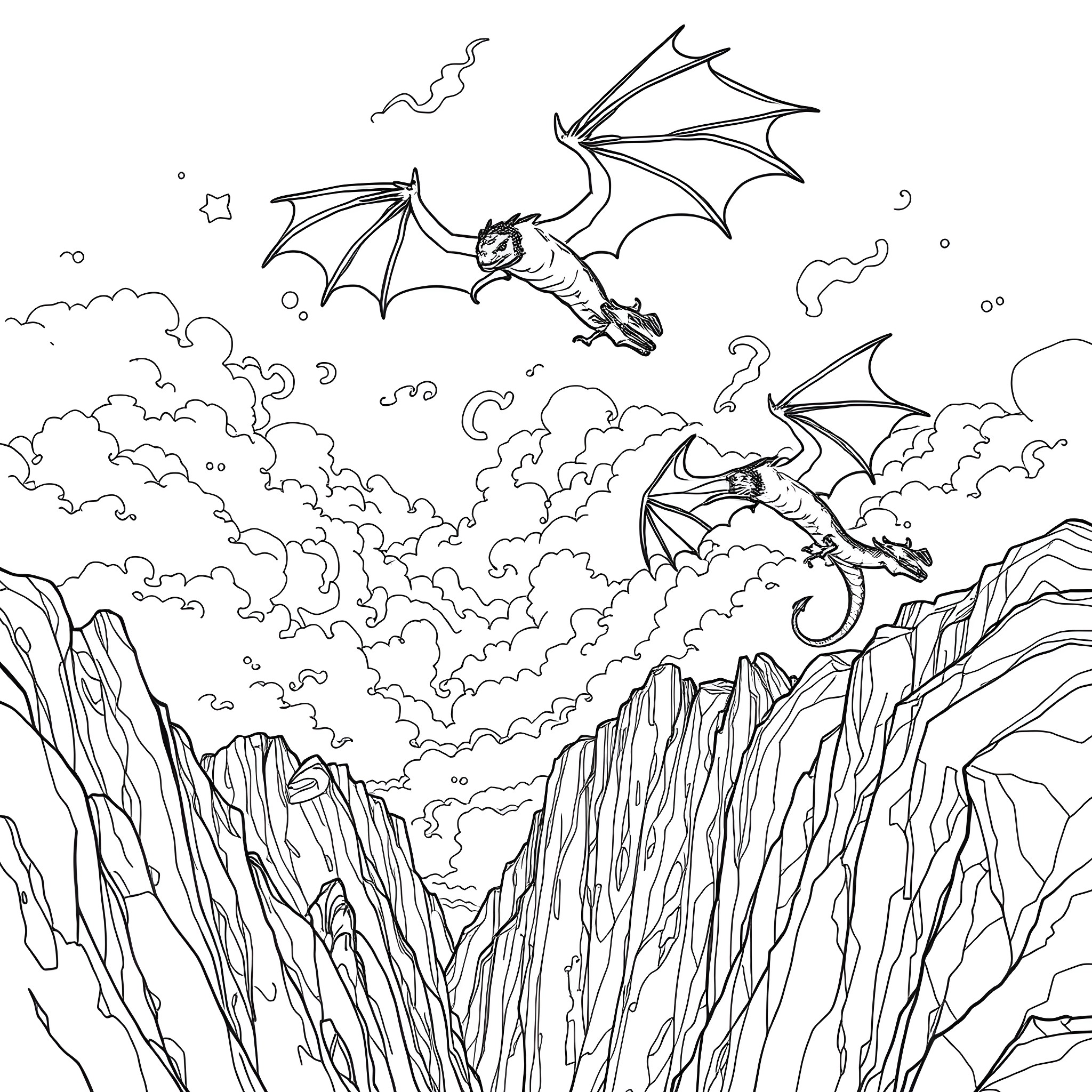 Dragon Duo Soaring Over Rugged Mountainous Terrain Coloring Page (free black-and-white line drawing printable PDF for all, from beginners to advanced learners, including children, teens, adults, and seniors)