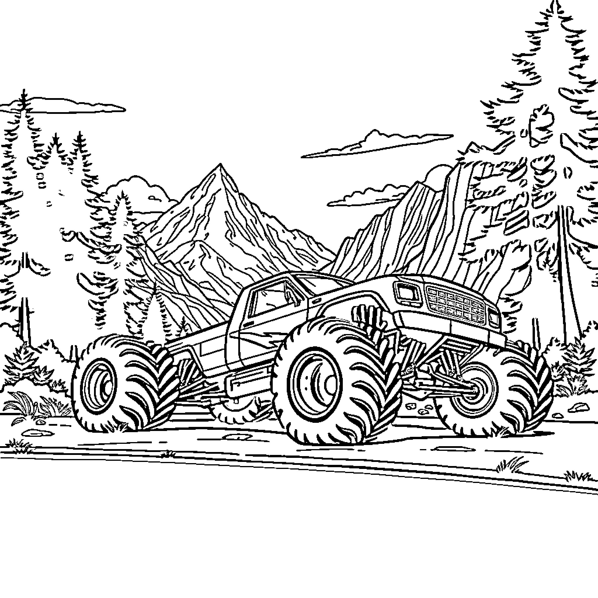 Monster Truck Conquering Rugged Terrain Coloring Page (free black-and-white line drawing printable PDF for all, from beginners to advanced learners, including children, teens, adults, and seniors)