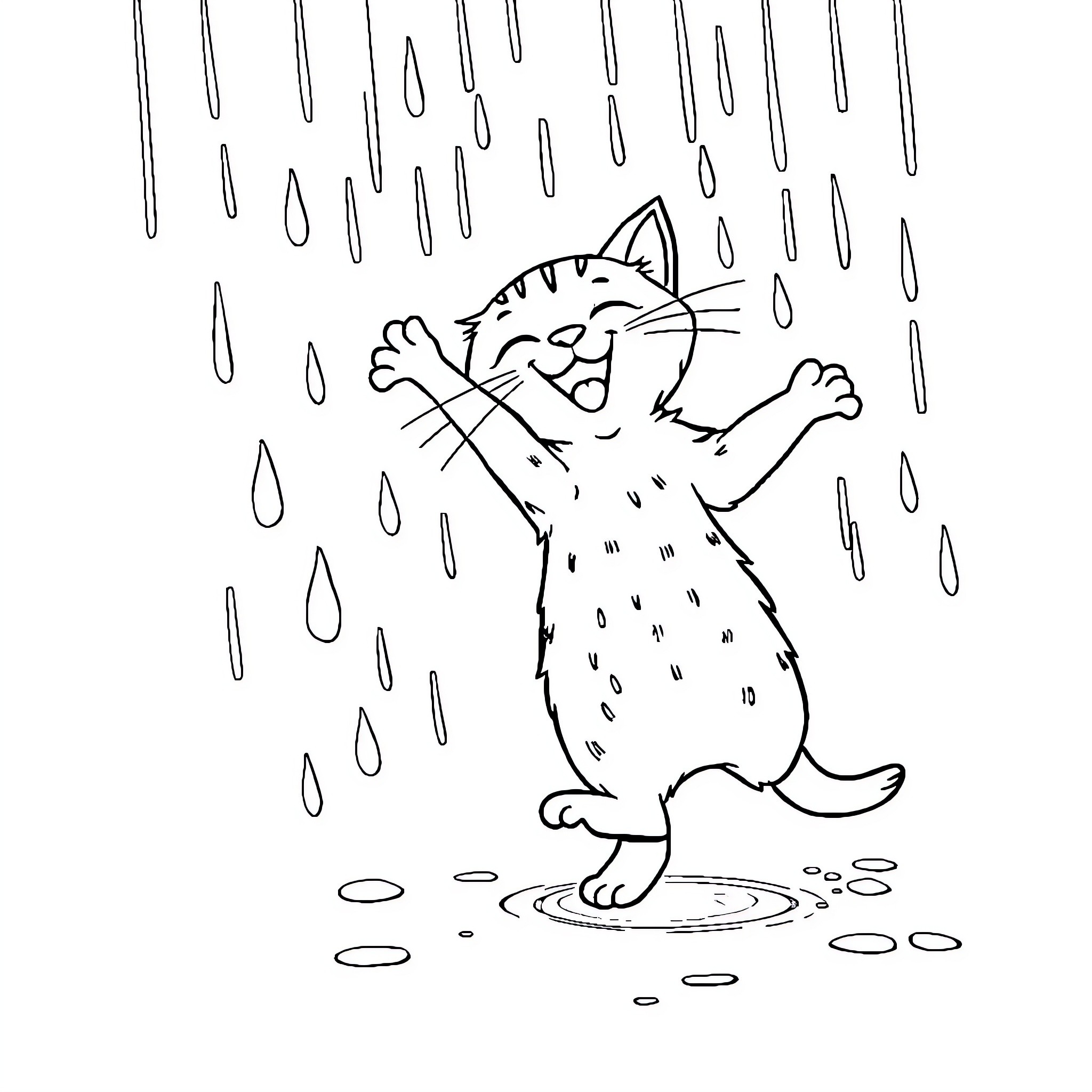 Cat playing in the rain Coloring Page (free black-and-white line drawing printable PDF for all, from beginners to advanced learners, including children, teens, adults, and seniors)
