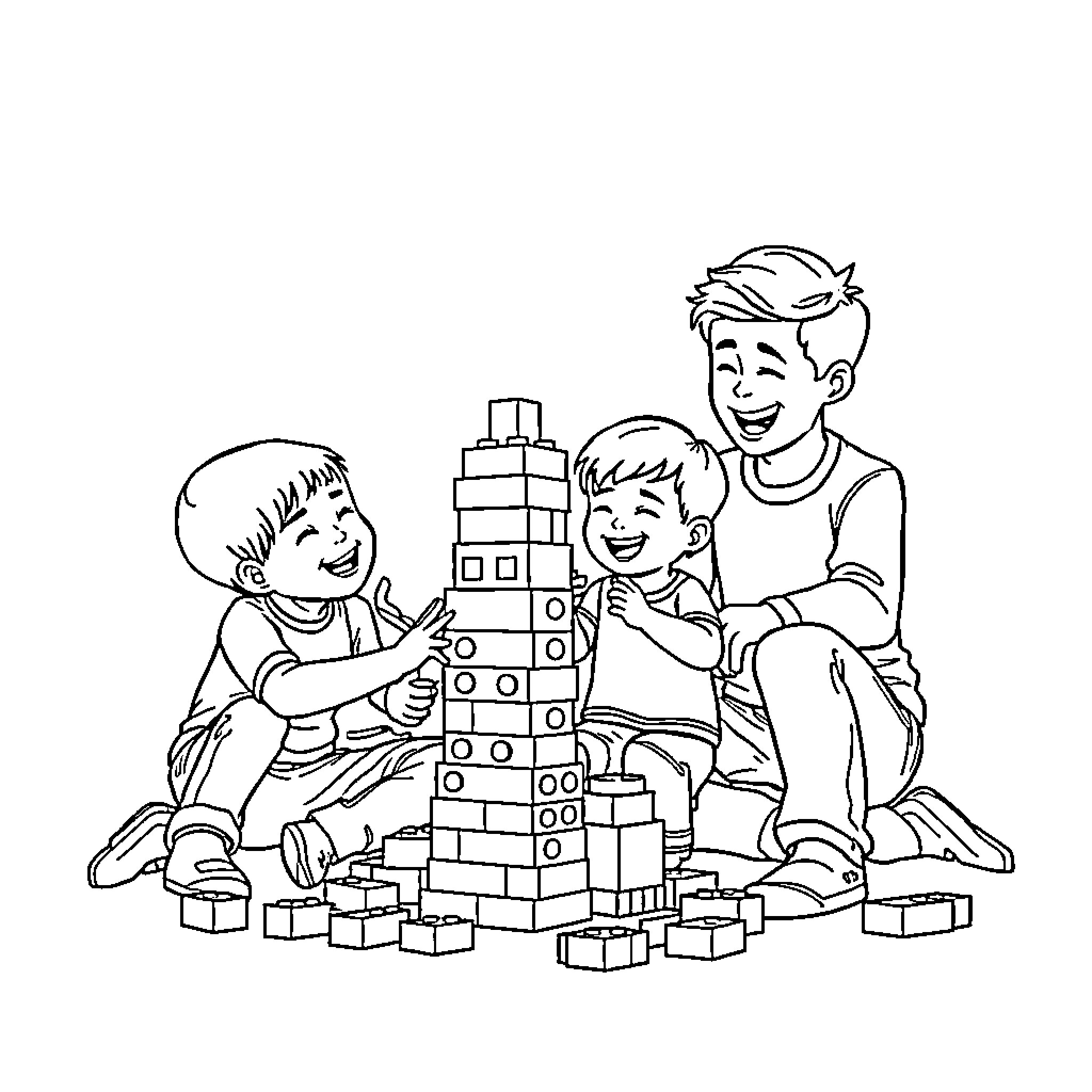 Family Building Blocks Together Coloring Page (free black-and-white line drawing printable PDF for all, from beginners to advanced learners, including children, teens, adults, and seniors)