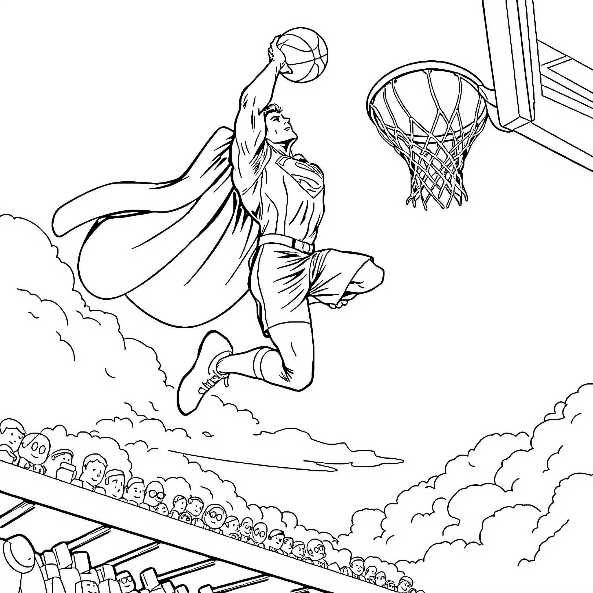 Superman Soaring for a Heroic Basketball Dunk Coloring Page (free black-and-white line drawing printable PDF for all, from beginners to advanced learners, including children, teens, adults, and seniors)