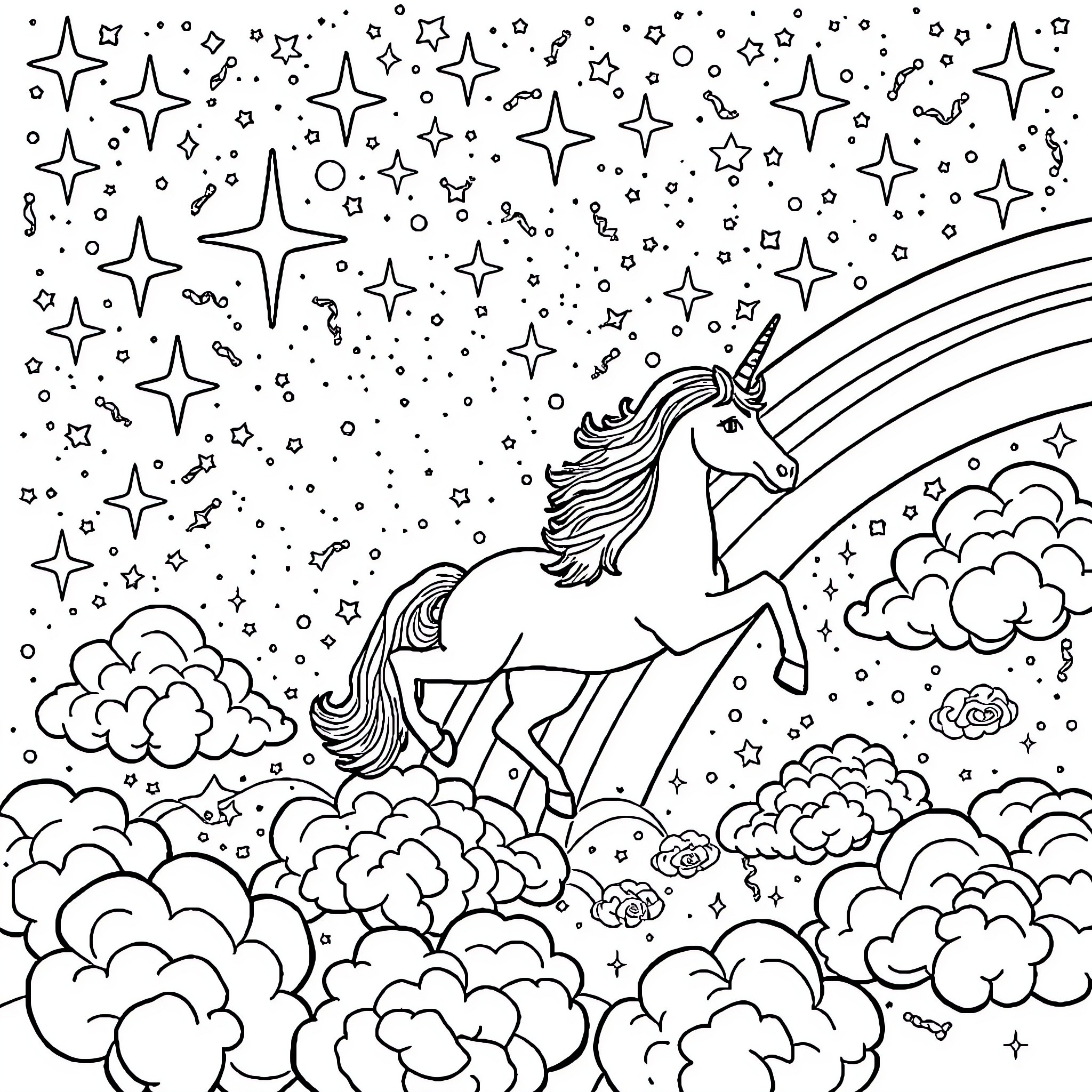 Unicorn Soaring Through Starry Skies and Cloudy Dreamscape Coloring Page (free black-and-white line drawing printable PDF for all, from beginners to advanced learners, including children, teens, adults, and seniors)