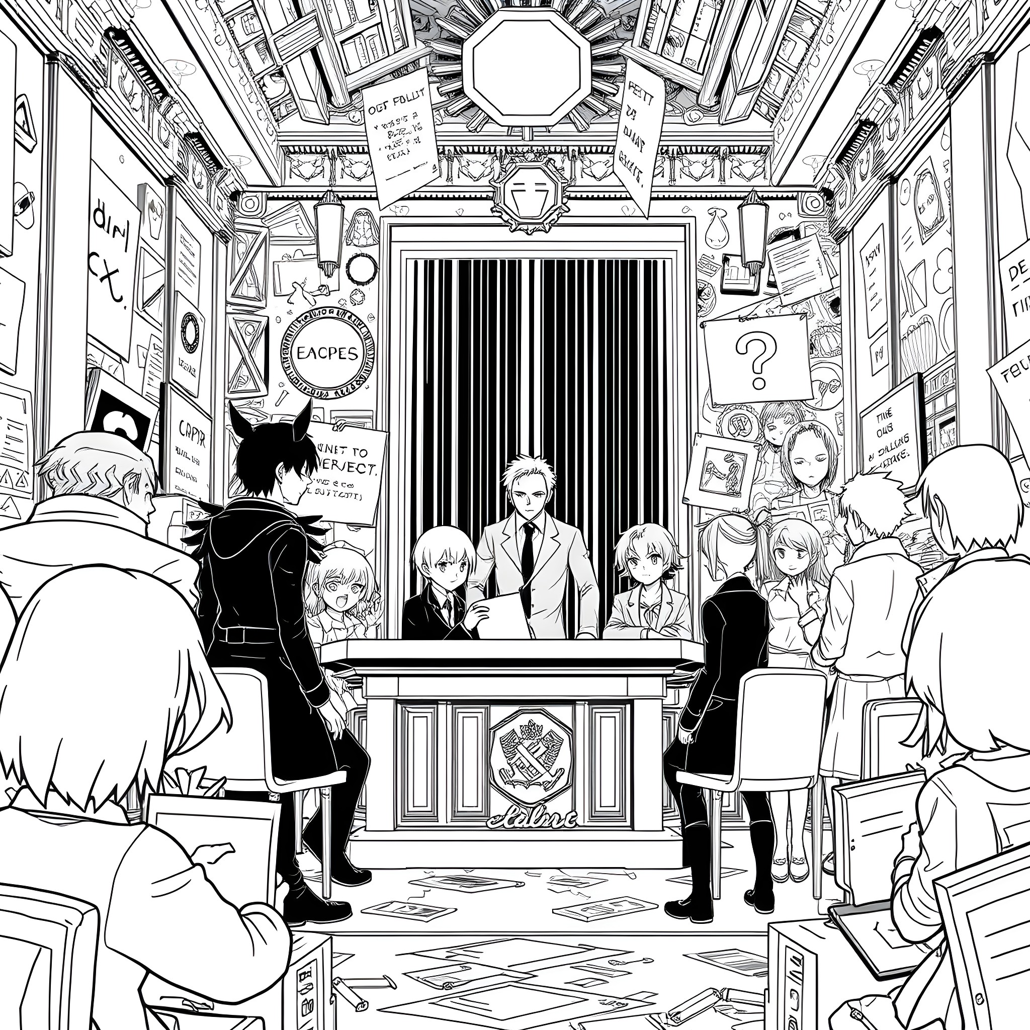 Undertale characters in an ornate courtroom setting Coloring Page (free black-and-white line drawing printable PDF for all, from beginners to advanced learners, including children, teens, adults, and seniors)