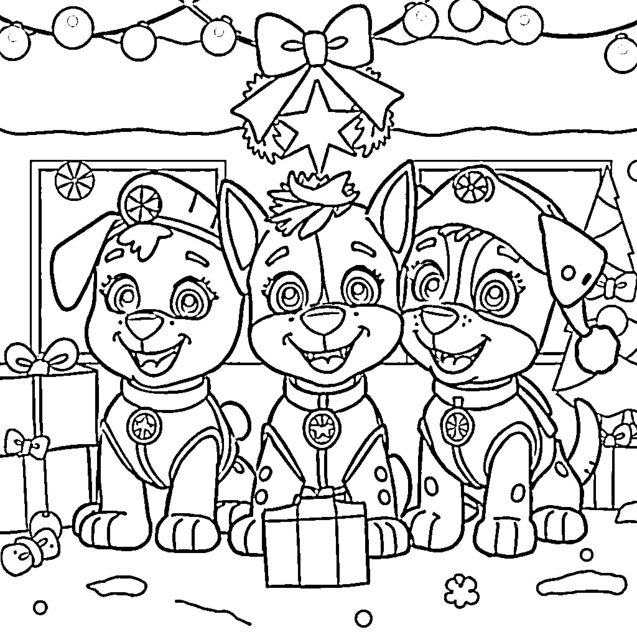 Paw Patrol characters celebrating the holidays Coloring Page (free black-and-white line drawing printable PDF for all, from beginners to advanced learners, including children, teens, adults, and seniors)
