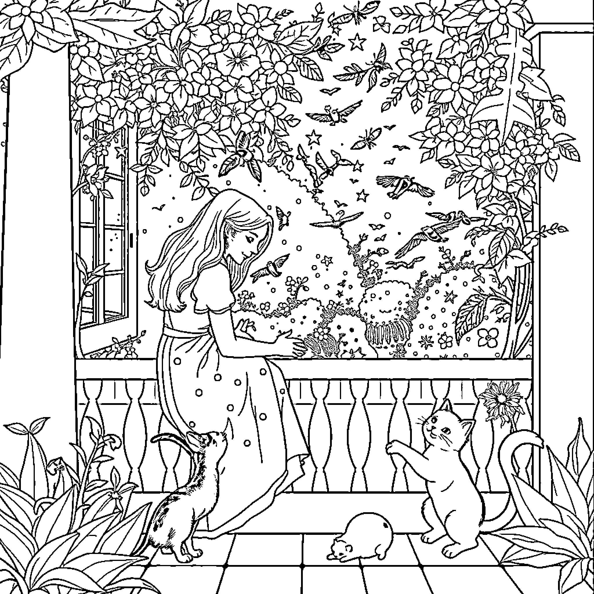 Siblings explore enchanting garden with animals Coloring Page (free black-and-white line drawing printable PDF for all, from beginners to advanced learners, including children, teens, adults, and seniors)