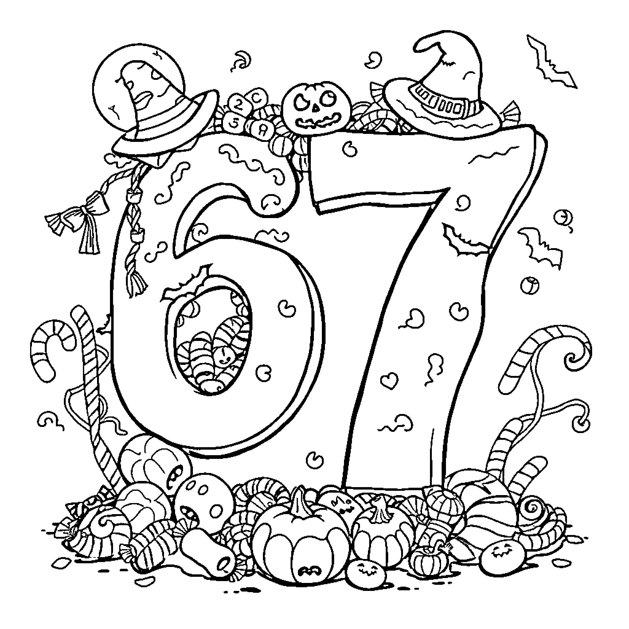 Number 67: Whimsical Halloween Scene Coloring Page (free black-and-white line drawing printable PDF for all, from beginners to advanced learners, including children, teens, adults, and seniors)
