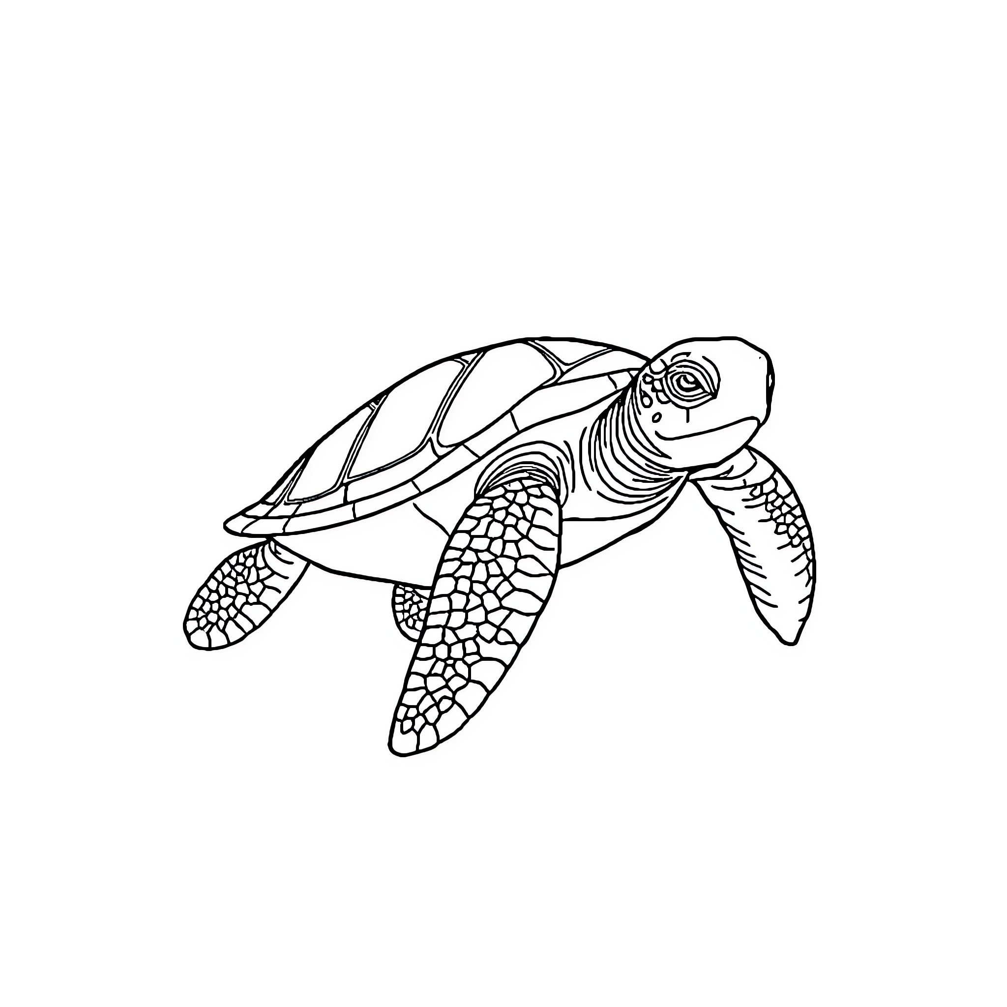 Turtle swimming gracefully underwater Coloring Page (free black-and-white line drawing printable PDF for all, from beginners to advanced learners, including children, teens, adults, and seniors)