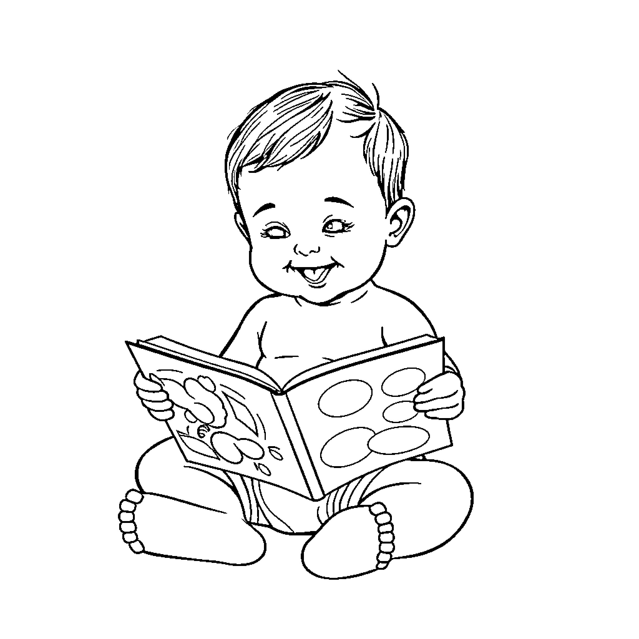 Baby Reading Storybook Happily Coloring Page (free black-and-white line drawing printable PDF for all, from beginners to advanced learners, including children, teens, adults, and seniors)