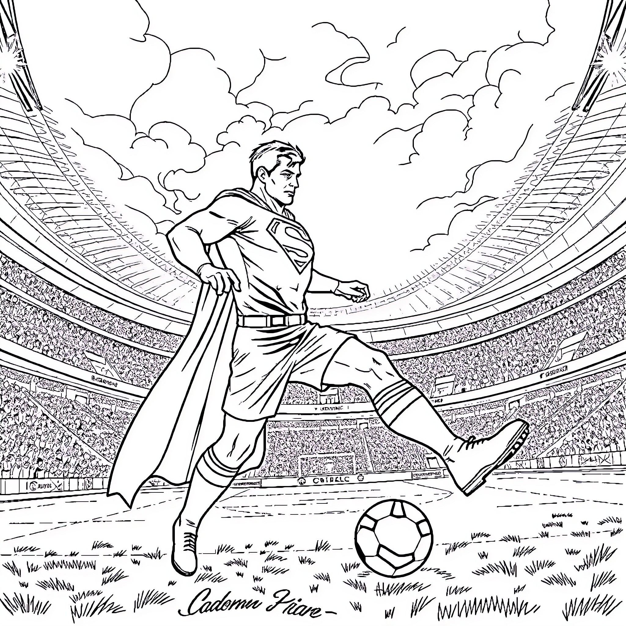 Superman showcasing his athletic abilities on the soccer field Coloring Page (free black-and-white line drawing printable PDF for all, from beginners to advanced learners, including children, teens, adults, and seniors)
