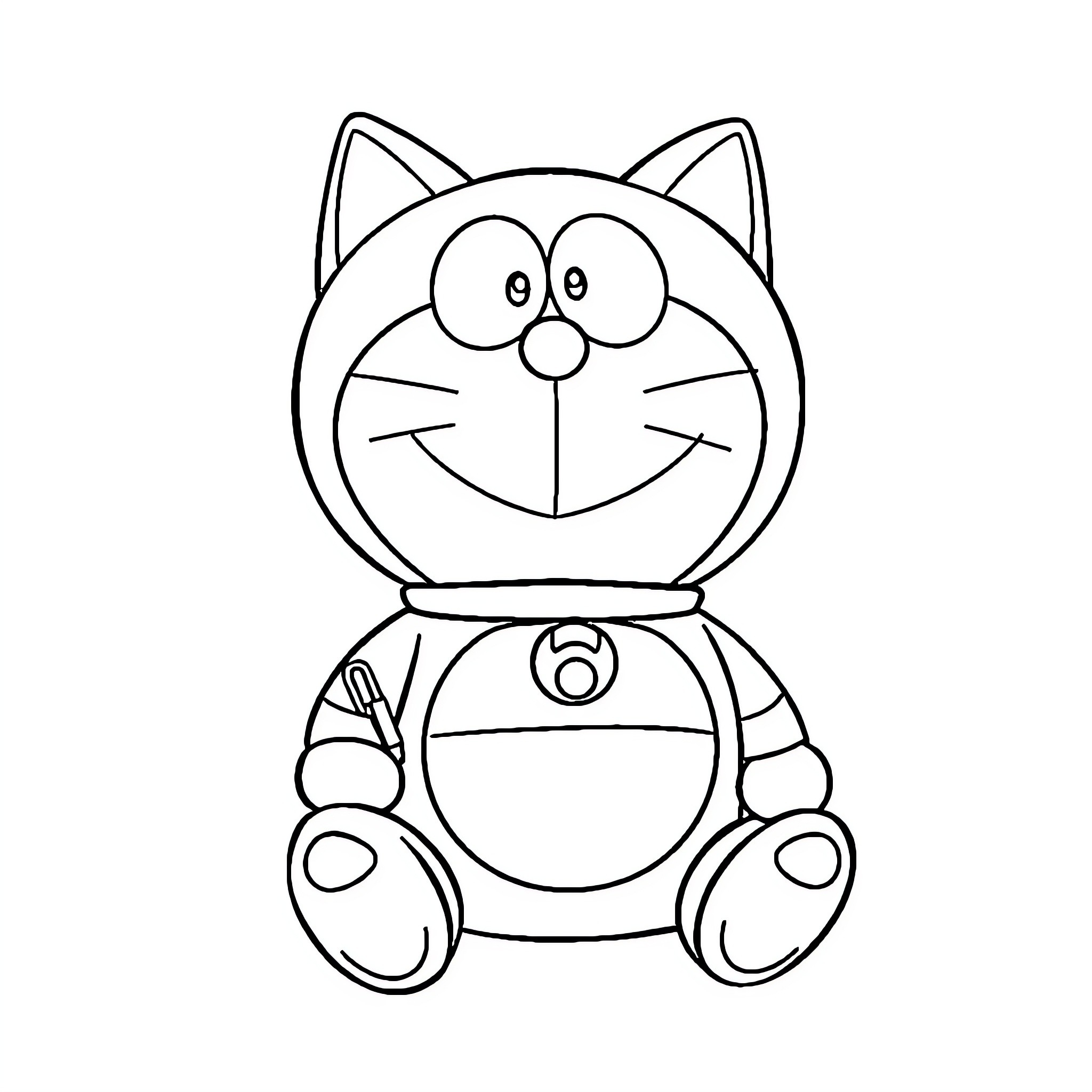 Doraemon sitting happily Coloring Page (free black-and-white line drawing printable PDF for all, from beginners to advanced learners, including children, teens, adults, and seniors)