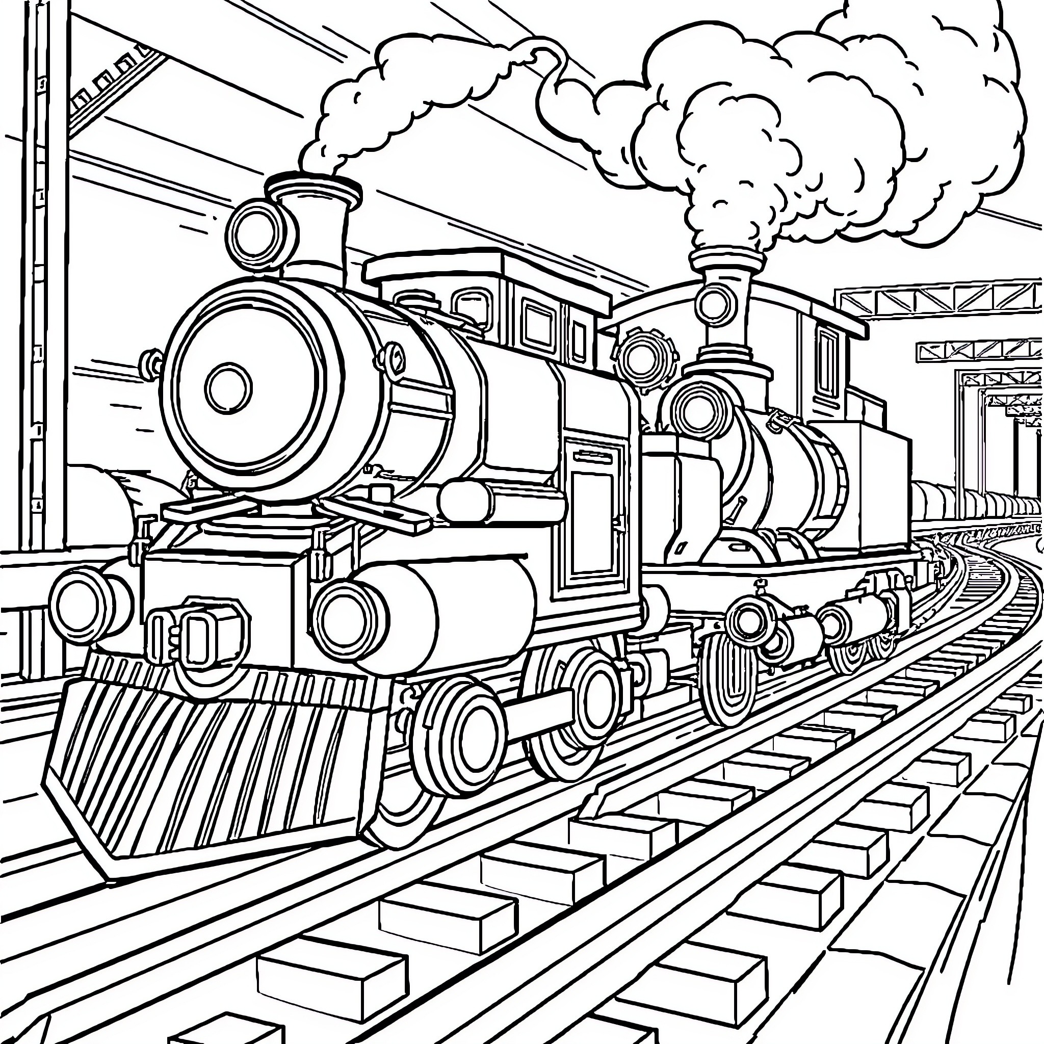 Kay and Duke's Vintage Train Adventure Coloring Page (free black-and-white line drawing printable PDF for all, from beginners to advanced learners, including children, teens, adults, and seniors)