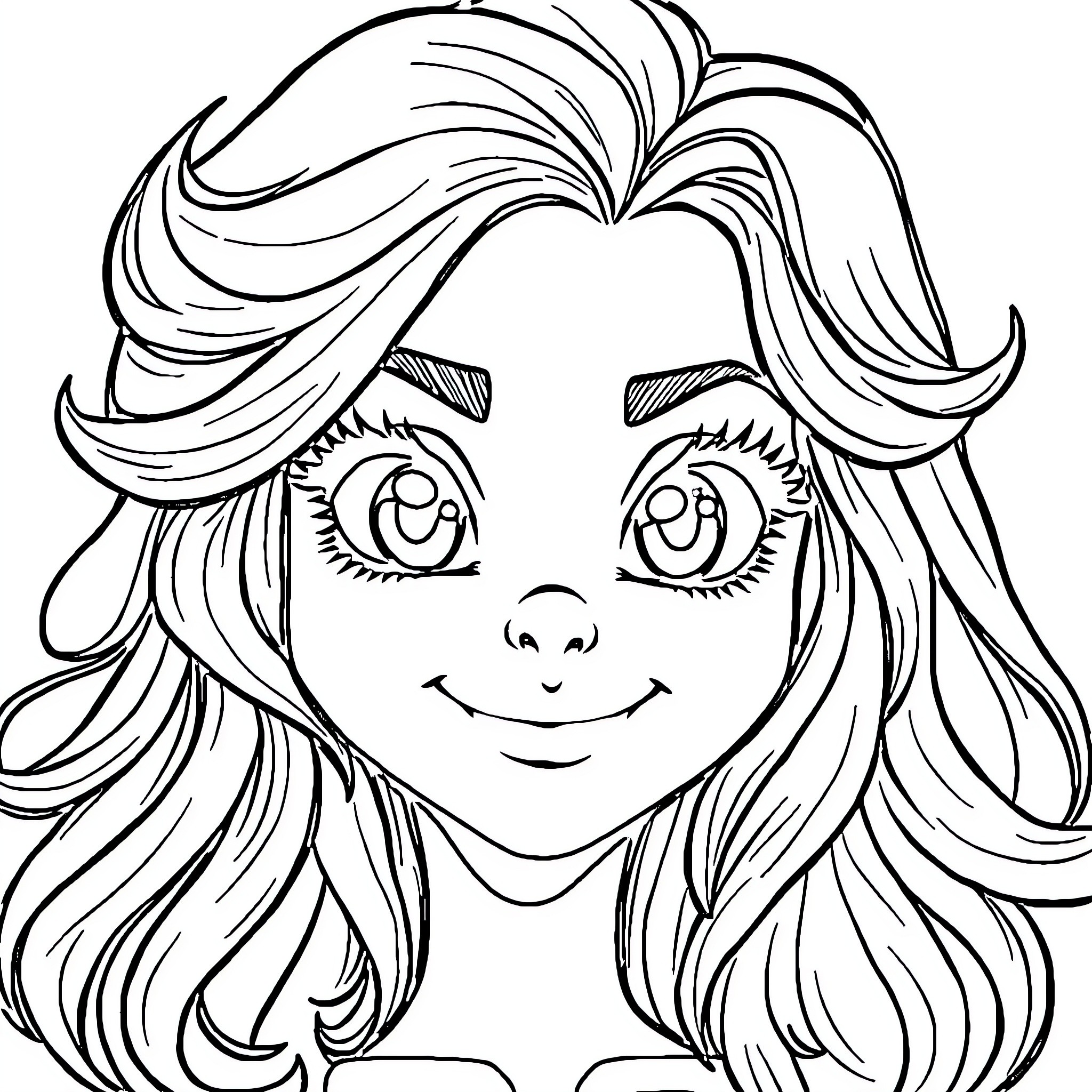 Girl with Flowing Hair and Cheerful Expression Coloring Page (free black-and-white line drawing printable PDF for all, from beginners to advanced learners, including children, teens, adults, and seniors)