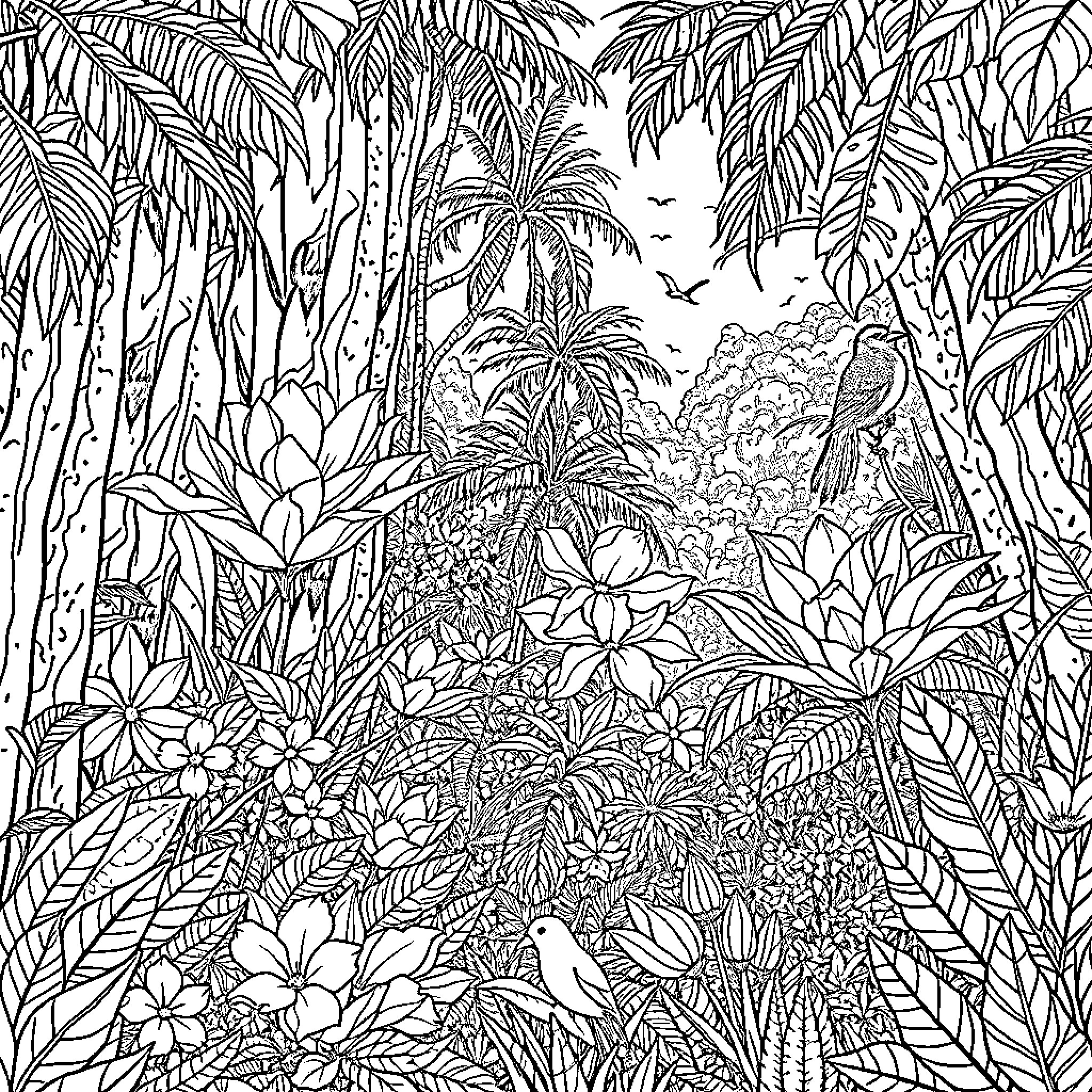 Jungle Filled with Lush Vegetation and Wildlife Coloring Page (free black-and-white line drawing printable PDF for all, from beginners to advanced learners, including children, teens, adults, and seniors)