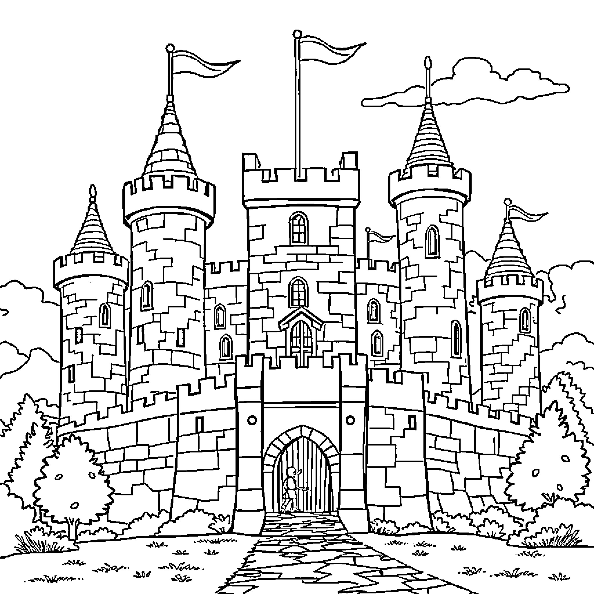 Castle with Turrets and Flags in a Scenic Landscape Coloring Page (free black-and-white line drawing printable PDF for all, from beginners to advanced learners, including children, teens, adults, and seniors)