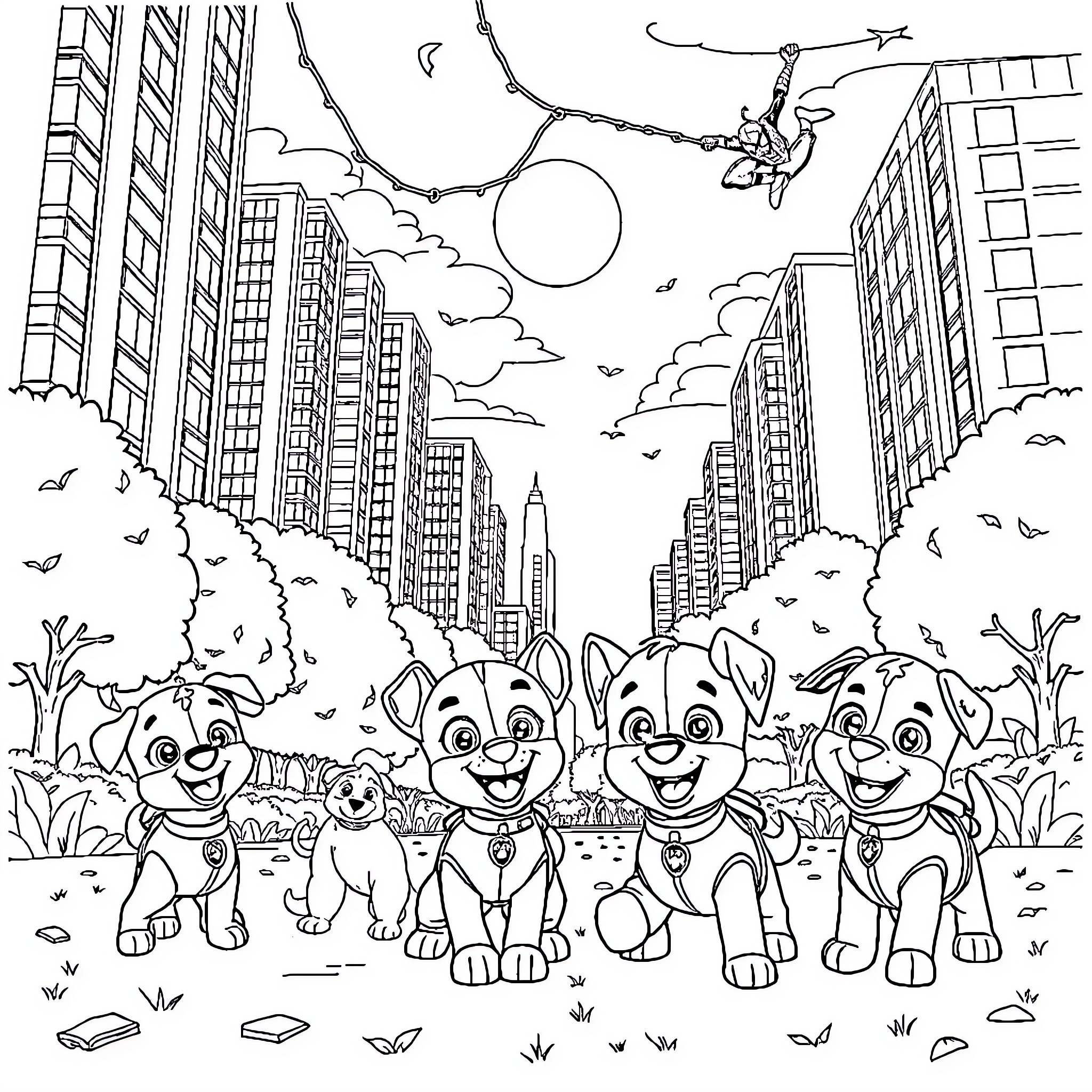 Paw Patrol Pups Explore the City Skyline Coloring Page (free black-and-white line drawing printable PDF for all, from beginners to advanced learners, including children, teens, adults, and seniors)