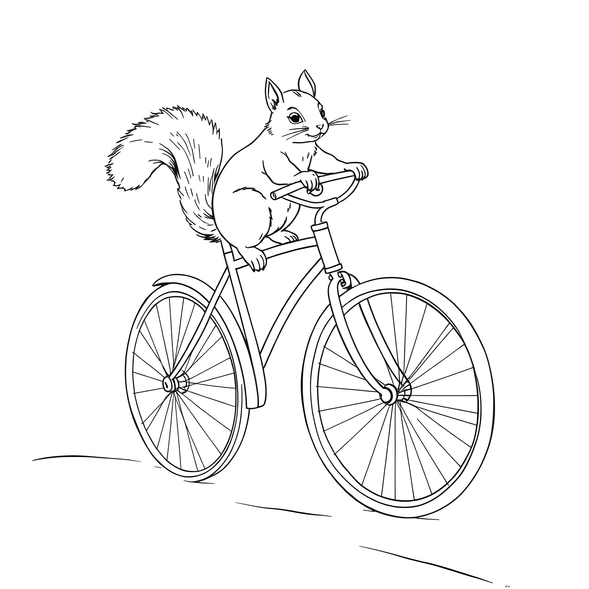 Squirrel riding a bicycle Coloring Page (free black-and-white line drawing printable PDF for all, from beginners to advanced learners, including children, teens, adults, and seniors)