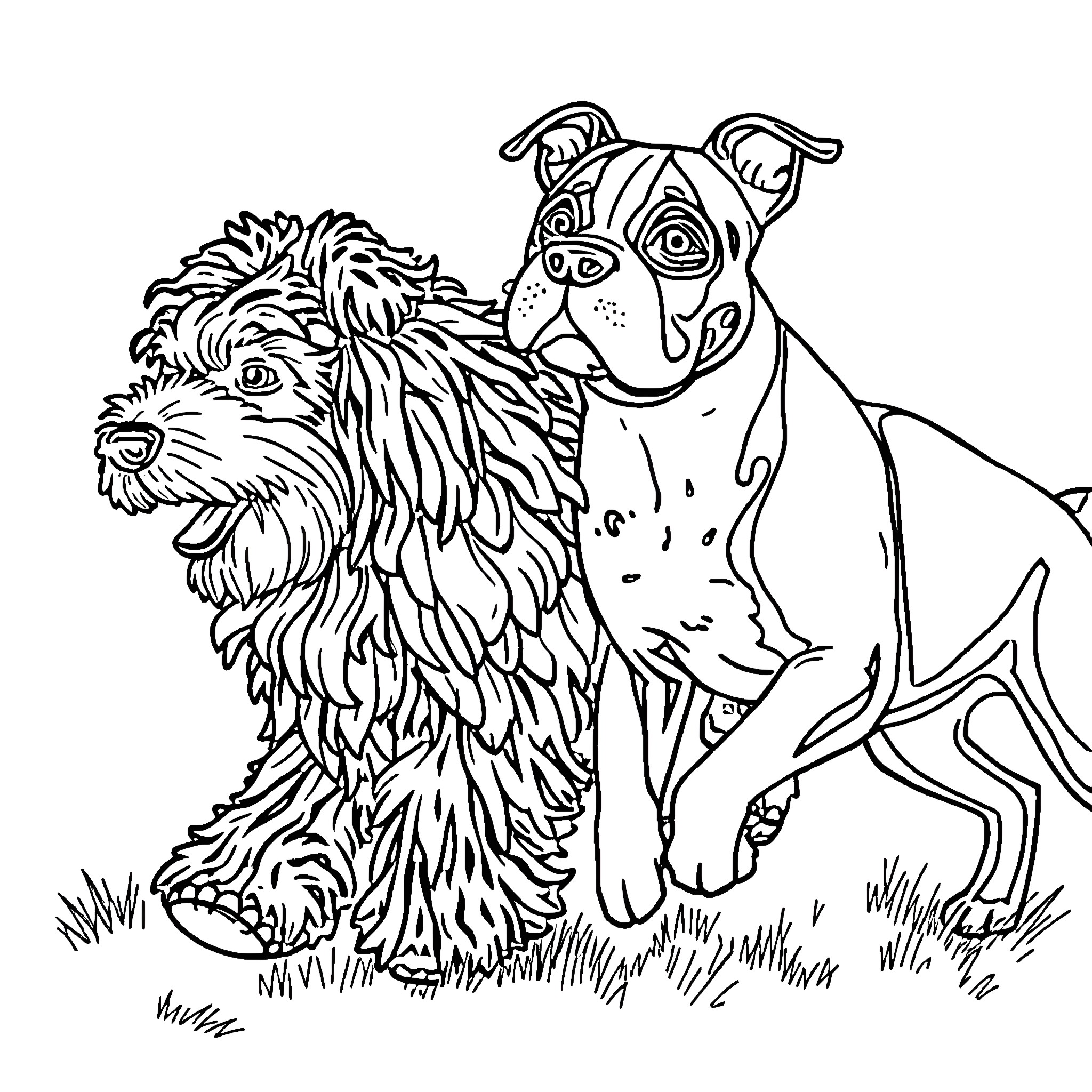 Puli dogs playing in the grass Coloring Page (free black-and-white line drawing printable PDF for all, from beginners to advanced learners, including children, teens, adults, and seniors)