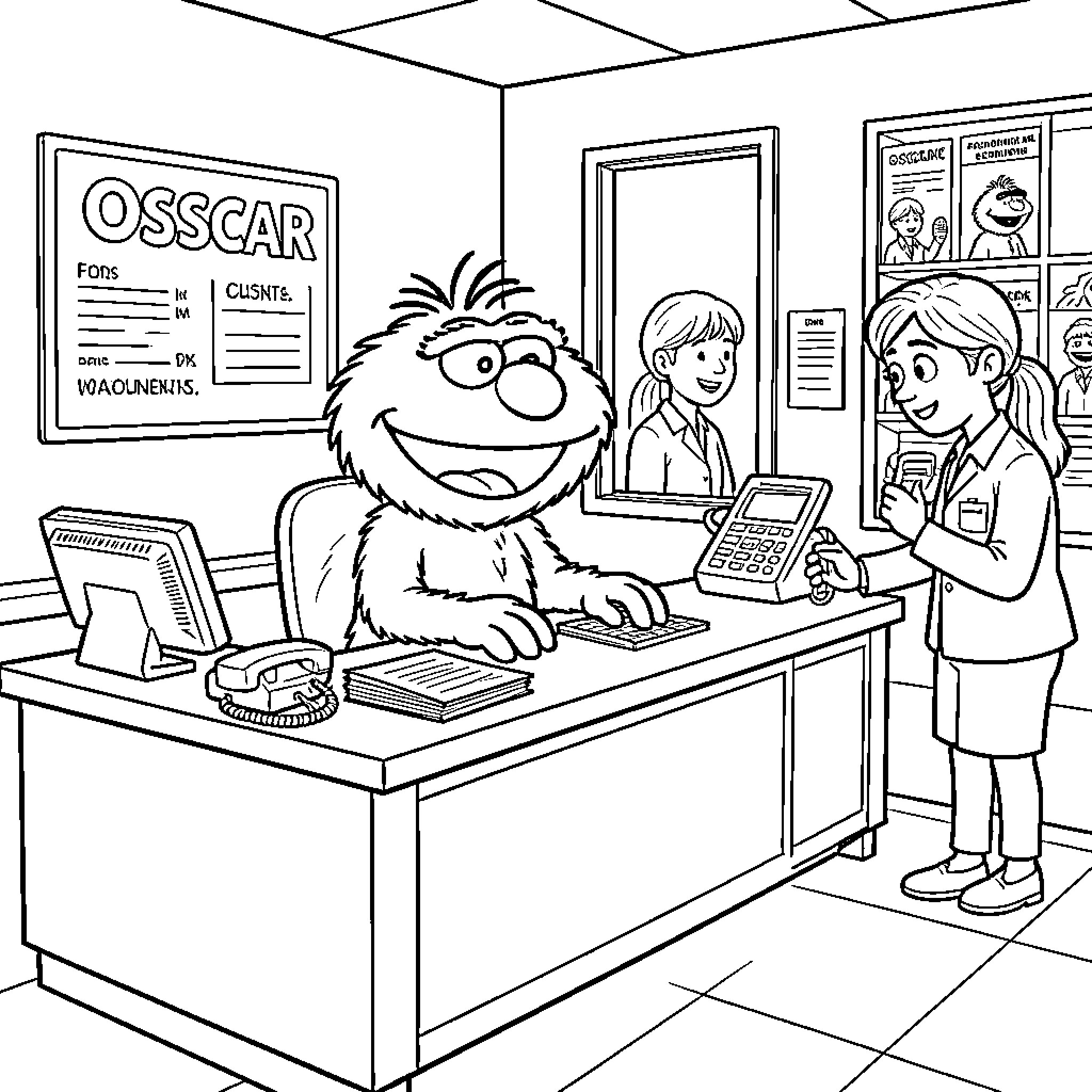 Oscar working at a service desk helping a customer Coloring Page (free black-and-white line drawing printable PDF for all, from beginners to advanced learners, including children, teens, adults, and seniors)