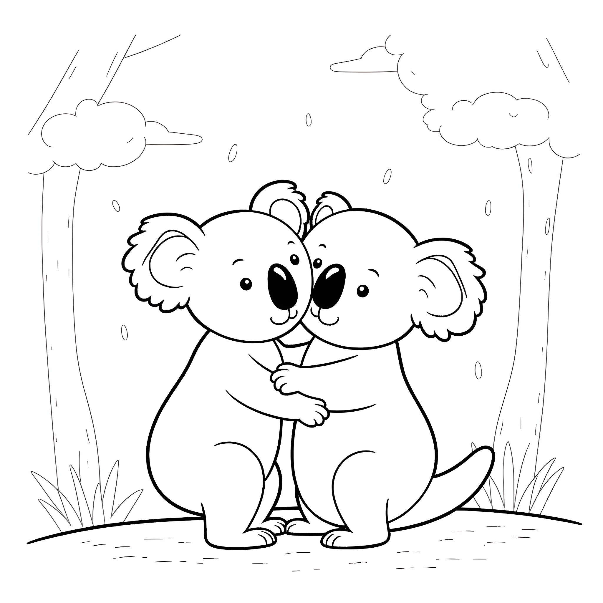 Koala couple embracing in the forest Coloring Page (free black-and-white line drawing printable PDF for all, from beginners to advanced learners, including children, teens, adults, and seniors)