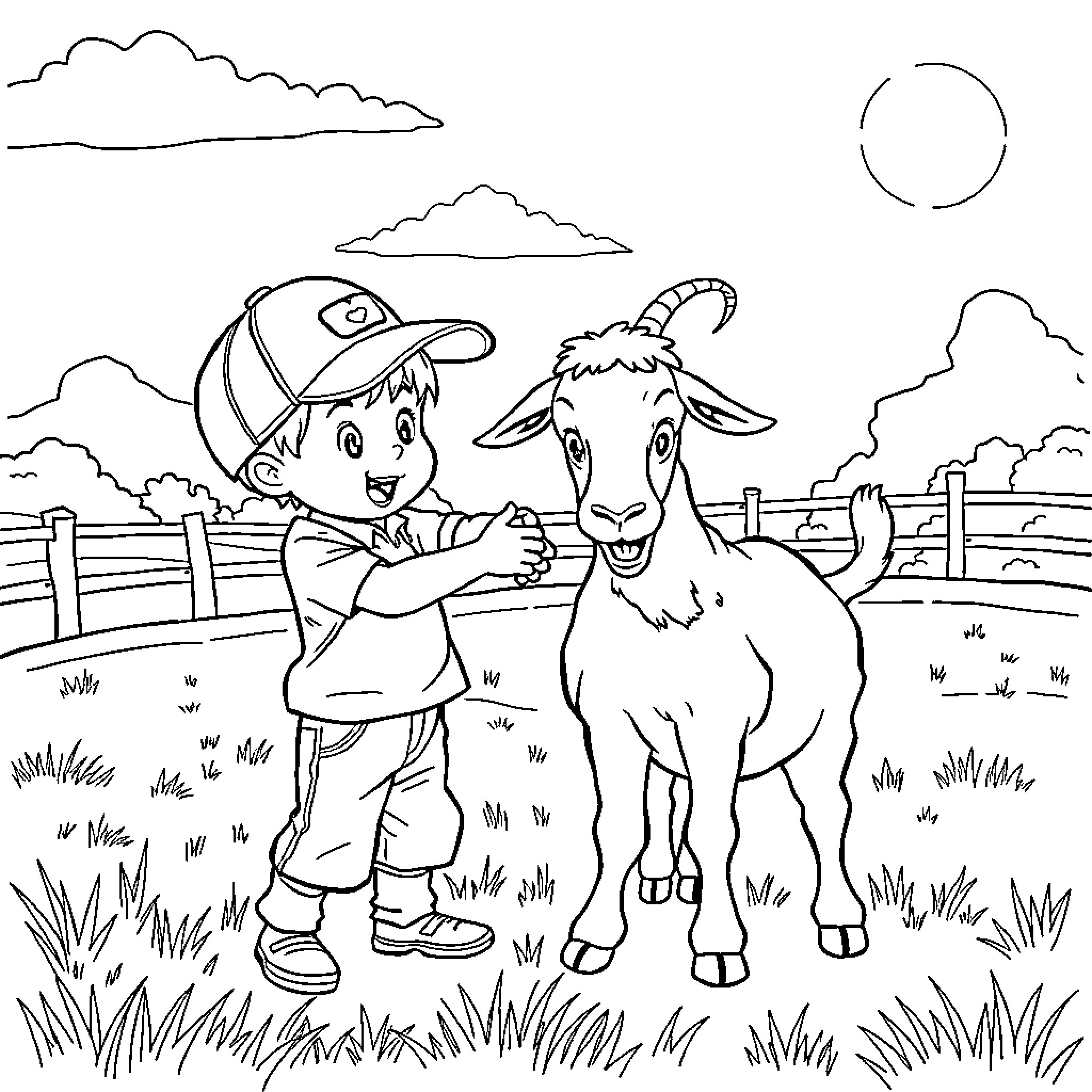 Kid Petting a Friendly Goat on the Farm Coloring Page (free black-and-white line drawing printable PDF for all, from beginners to advanced learners, including children, teens, adults, and seniors)