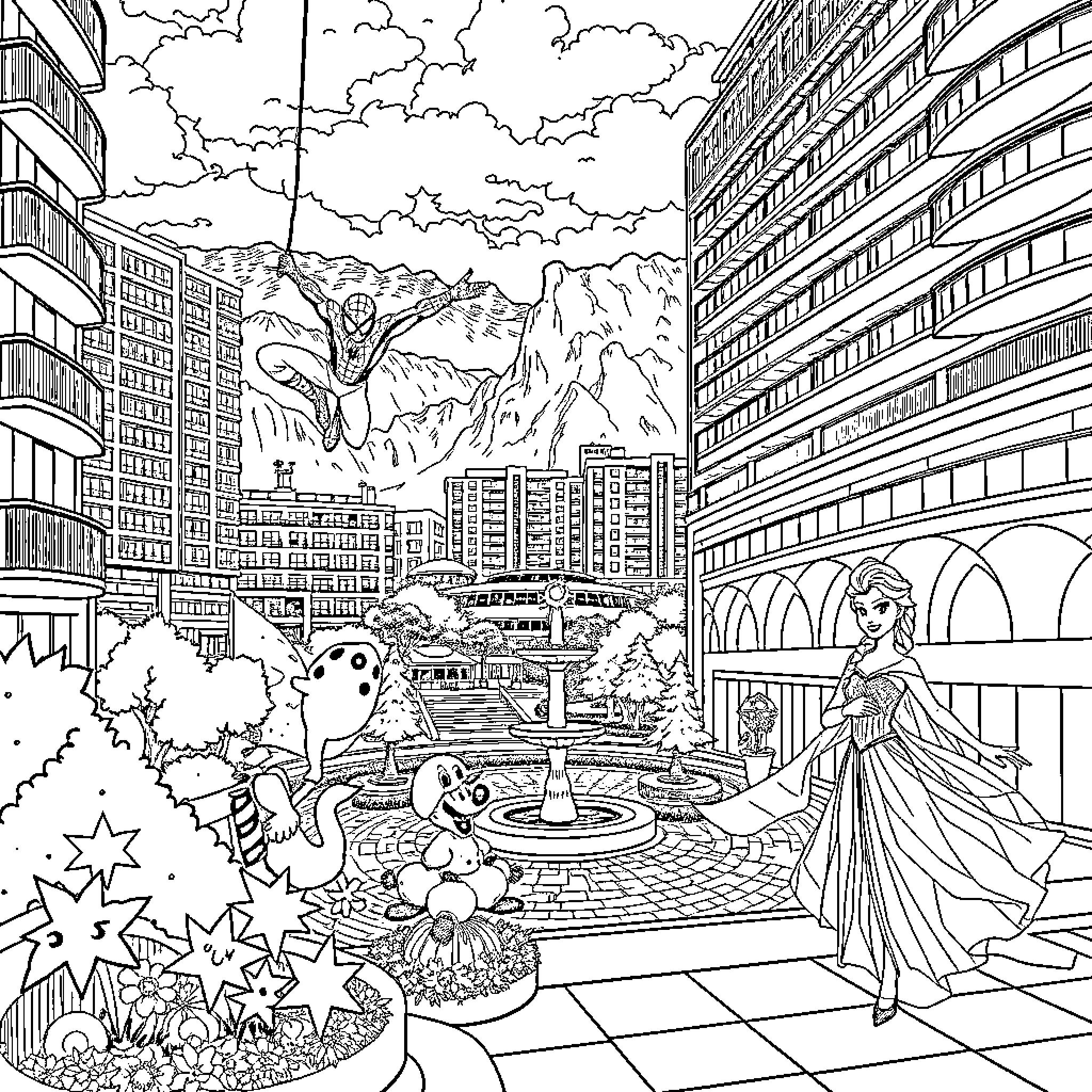 Spiderman Heroic Encounter in Urban Cityscape Coloring Page (free black-and-white line drawing printable PDF for all, from beginners to advanced learners, including children, teens, adults, and seniors)