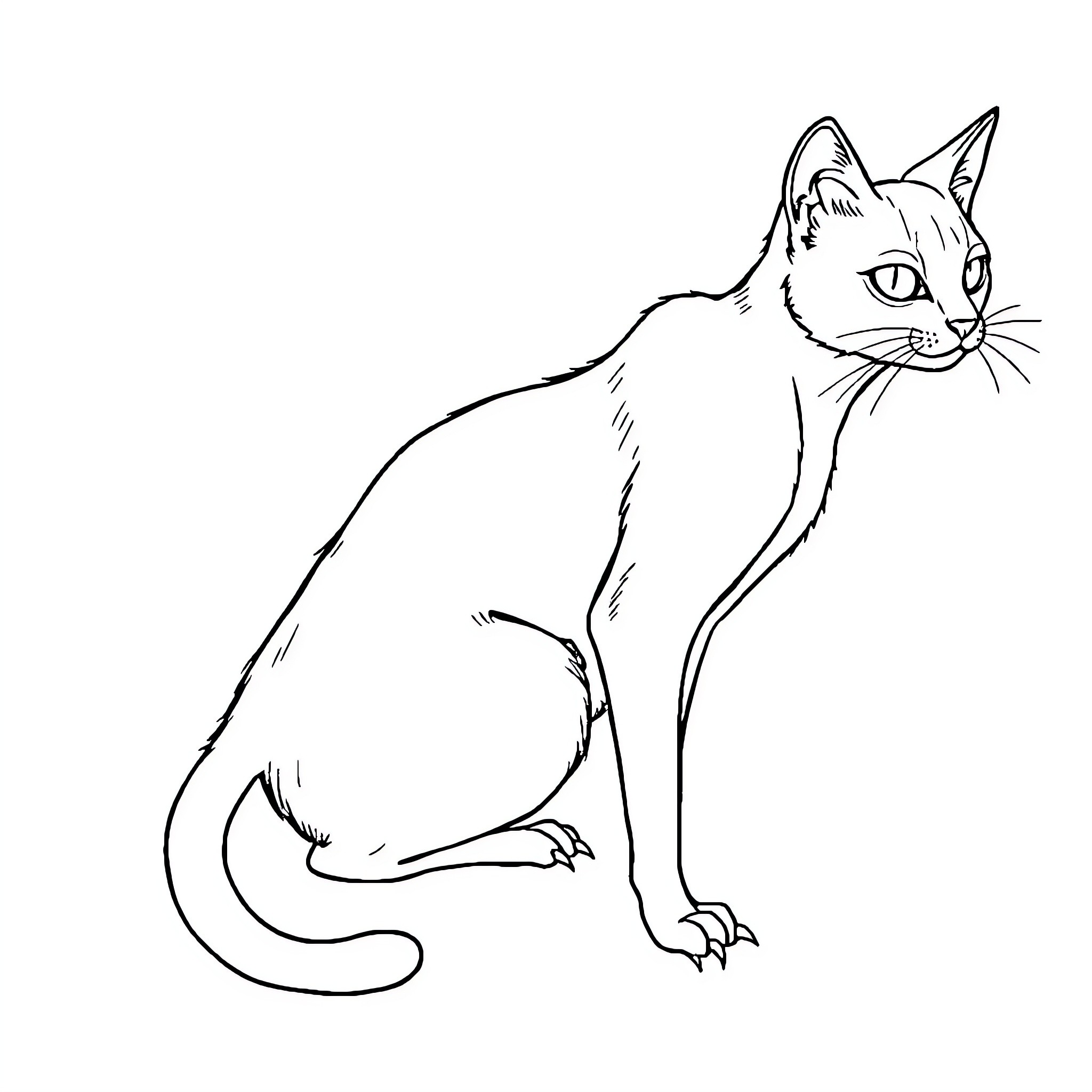 Cat sitting alert and focused Coloring Page (free black-and-white line drawing printable PDF for all, from beginners to advanced learners, including children, teens, adults, and seniors)