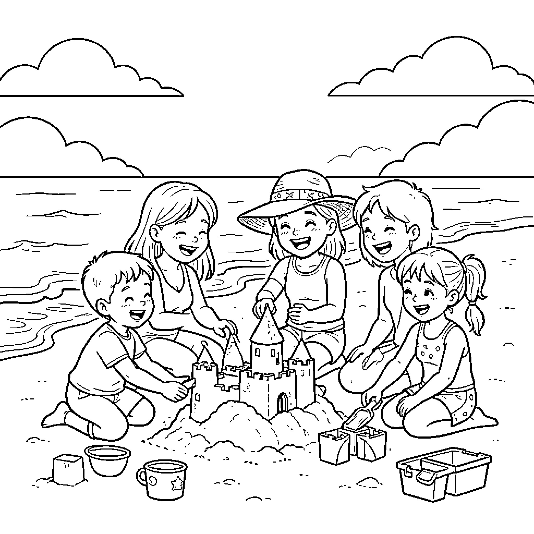 Family building sandcastles together at the beach Coloring Page (free black-and-white line drawing printable PDF for all, from beginners to advanced learners, including children, teens, adults, and seniors)