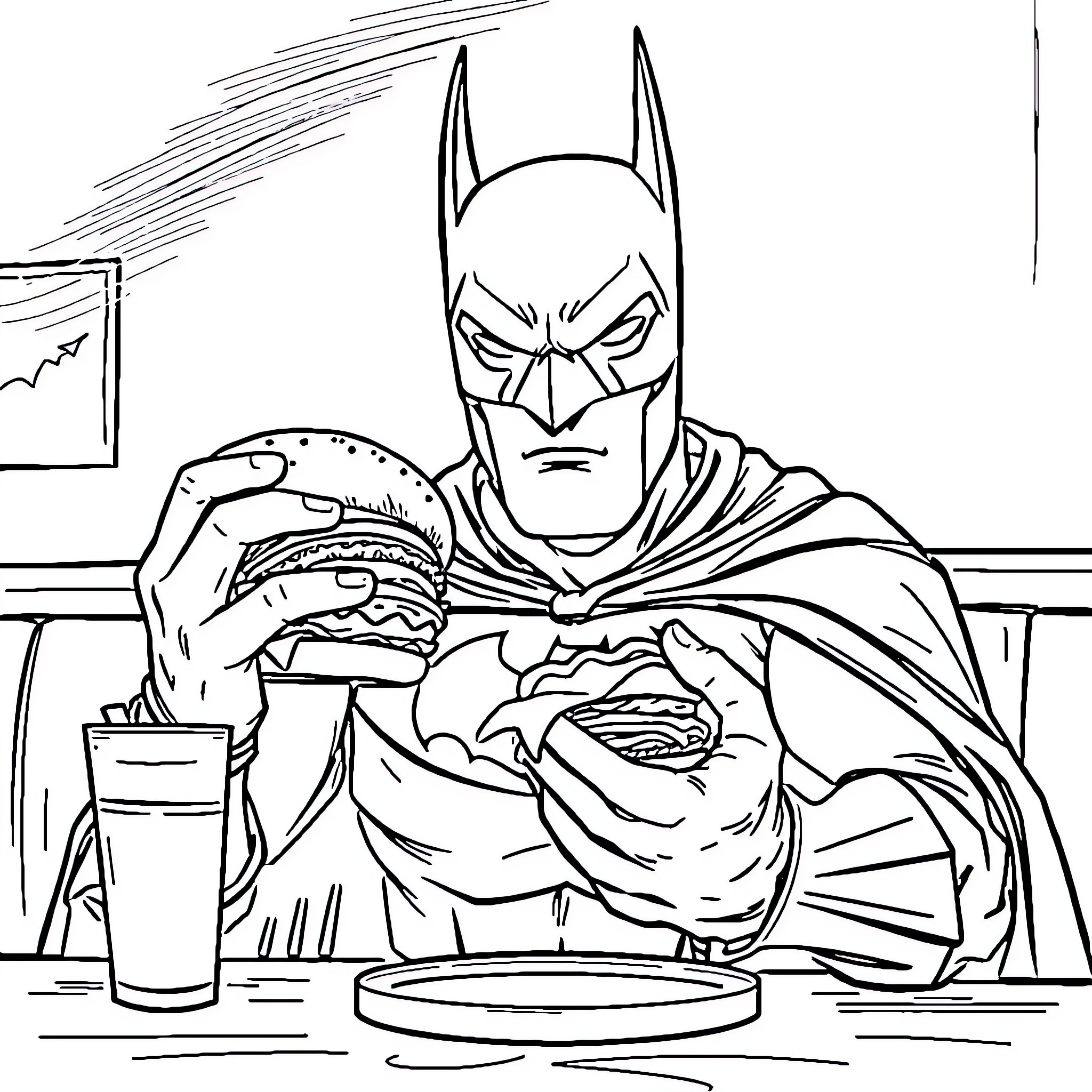 Batman eating a burger in a diner Coloring Page (free black-and-white line drawing printable PDF for all, from beginners to advanced learners, including children, teens, adults, and seniors)