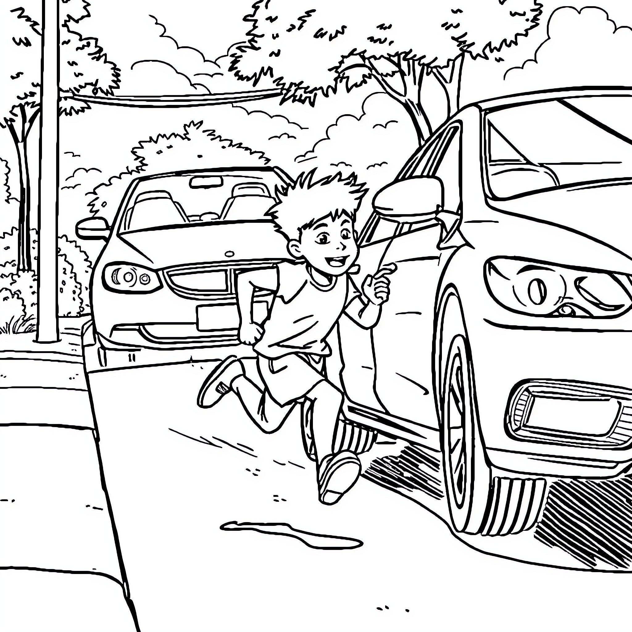 Boy running to catch the bus in the park Coloring Page (free black-and-white line drawing printable PDF for all, from beginners to advanced learners, including children, teens, adults, and seniors)