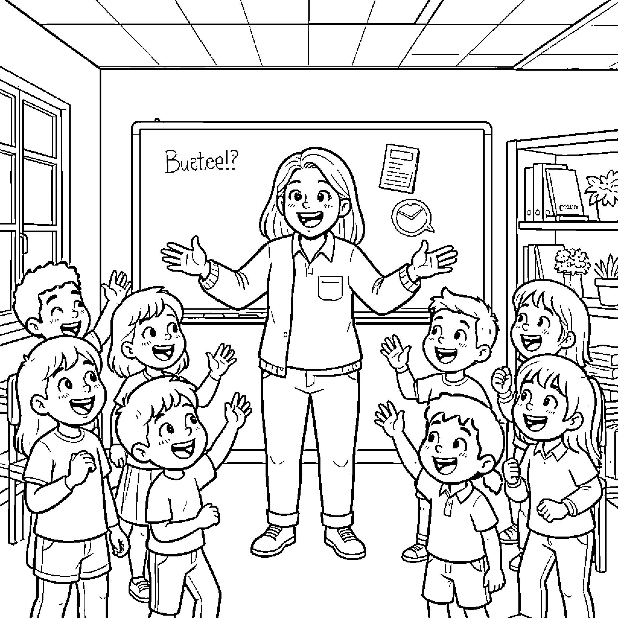 Teacher smiling and gesturing to excited students in classroom Coloring Page (free black-and-white line drawing printable PDF for all, from beginners to advanced learners, including children, teens, adults, and seniors)