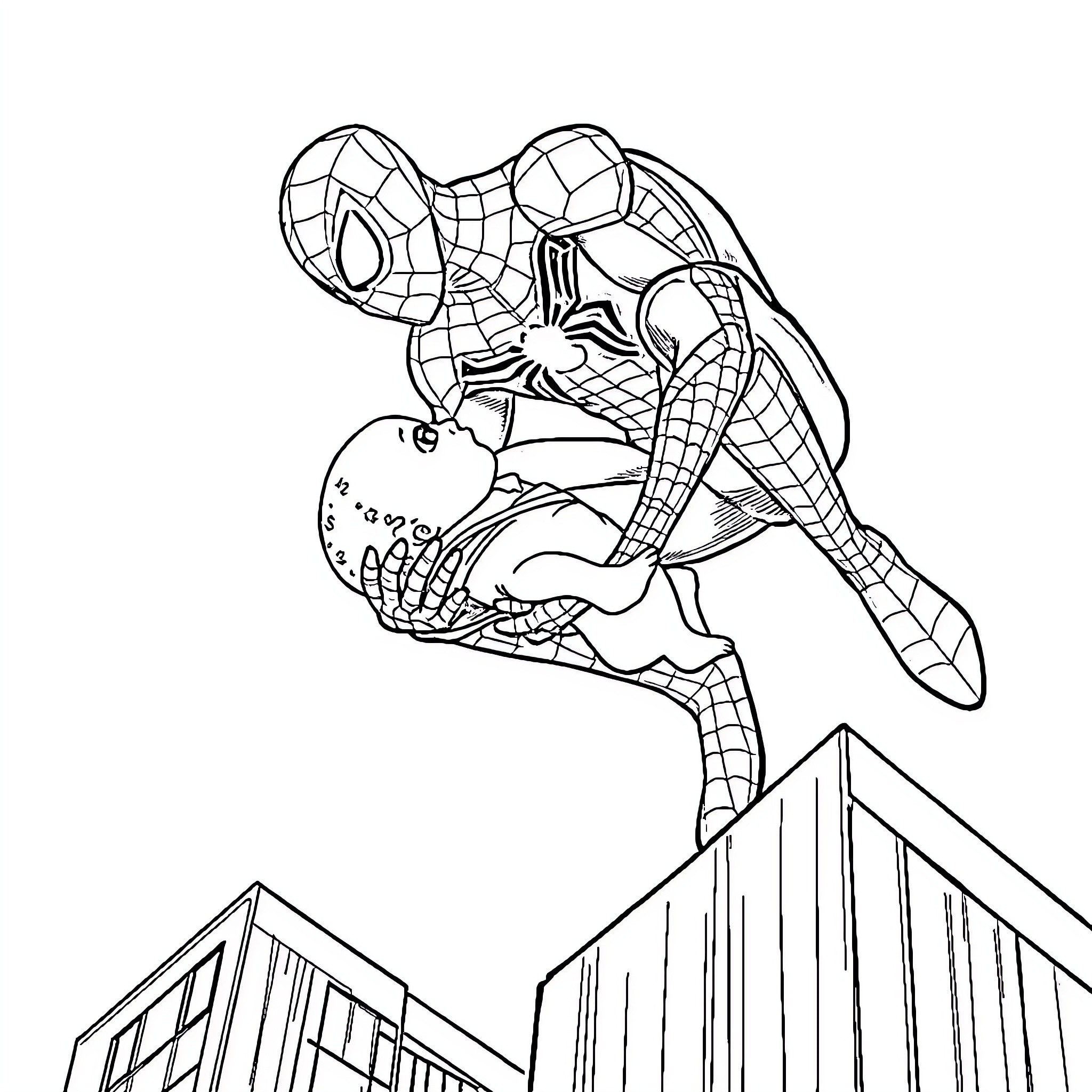 Spiderman swinging through the city skyline Coloring Page (free black-and-white line drawing printable PDF for all, from beginners to advanced learners, including children, teens, adults, and seniors)