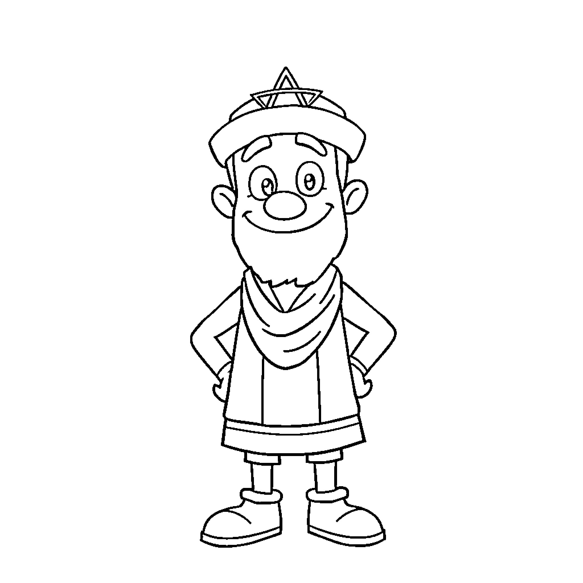 Moshe the Friendly Cartoon Character Coloring Page (free black-and-white line drawing printable PDF for all, from beginners to advanced learners, including children, teens, adults, and seniors)