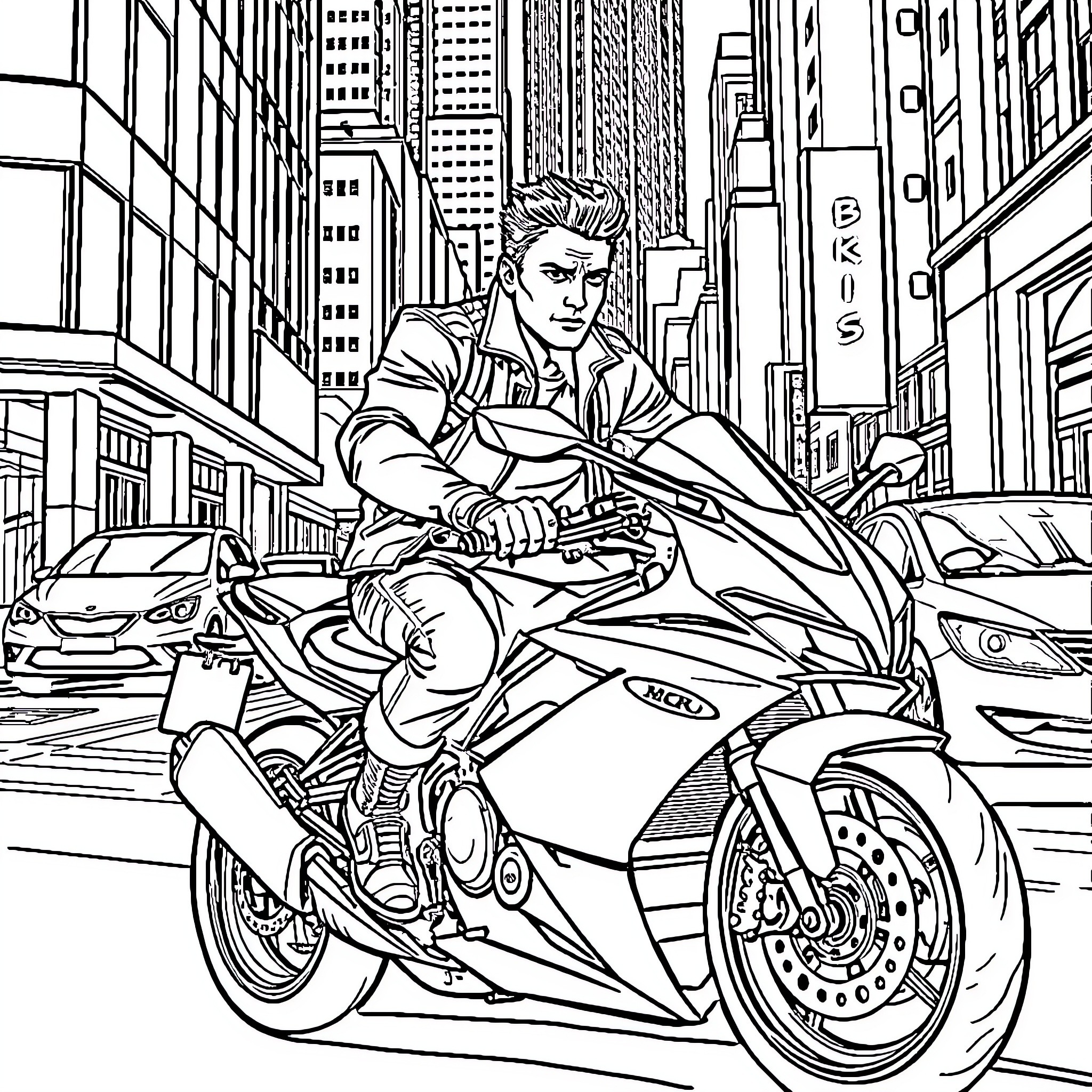 Guy riding high-speed motorcycle in busy city Coloring Page (free black-and-white line drawing printable PDF for all, from beginners to advanced learners, including children, teens, adults, and seniors)