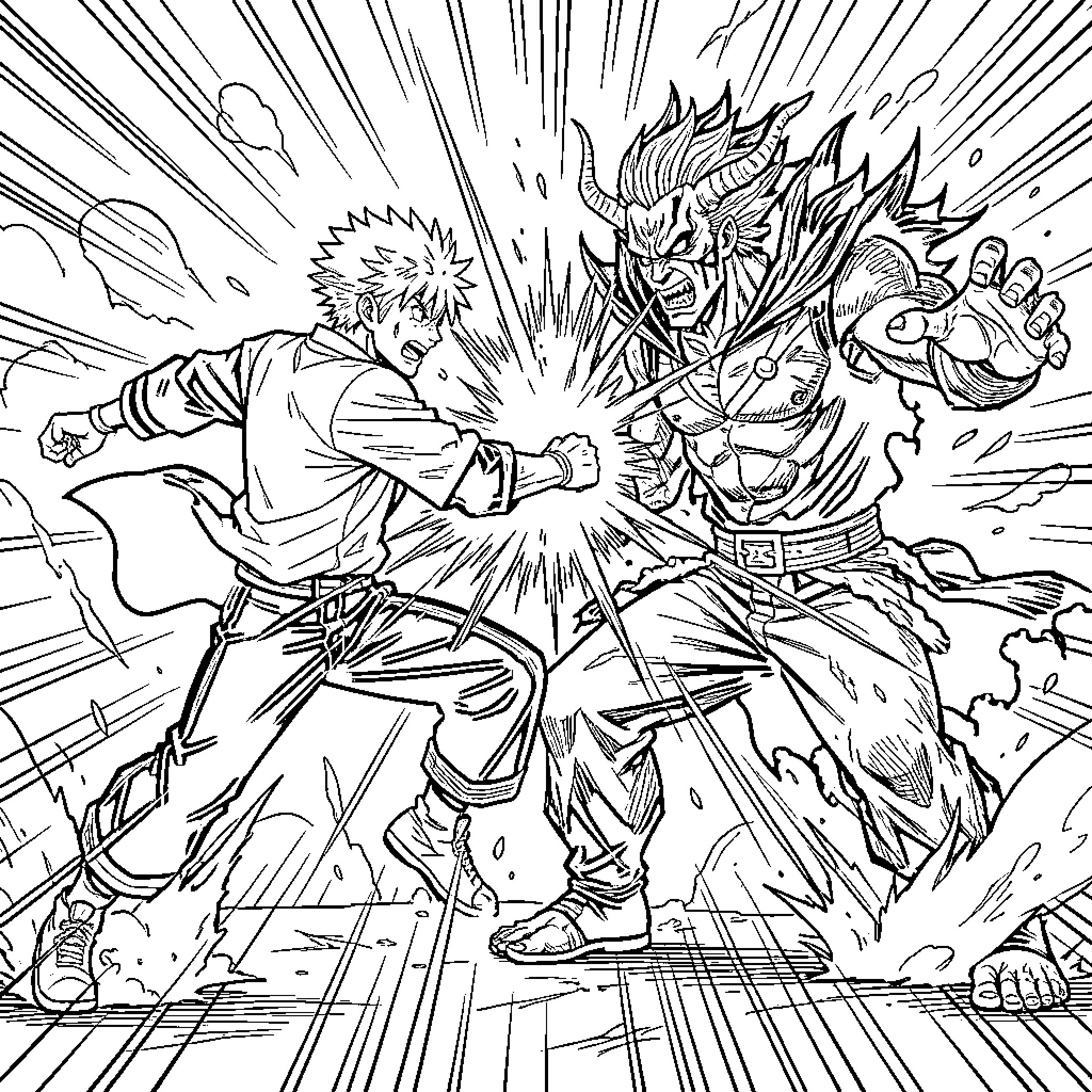 Satoru Gojo's intense battle against a powerful adversary Coloring Page (free black-and-white line drawing printable PDF for all, from beginners to advanced learners, including children, teens, adults, and seniors)
